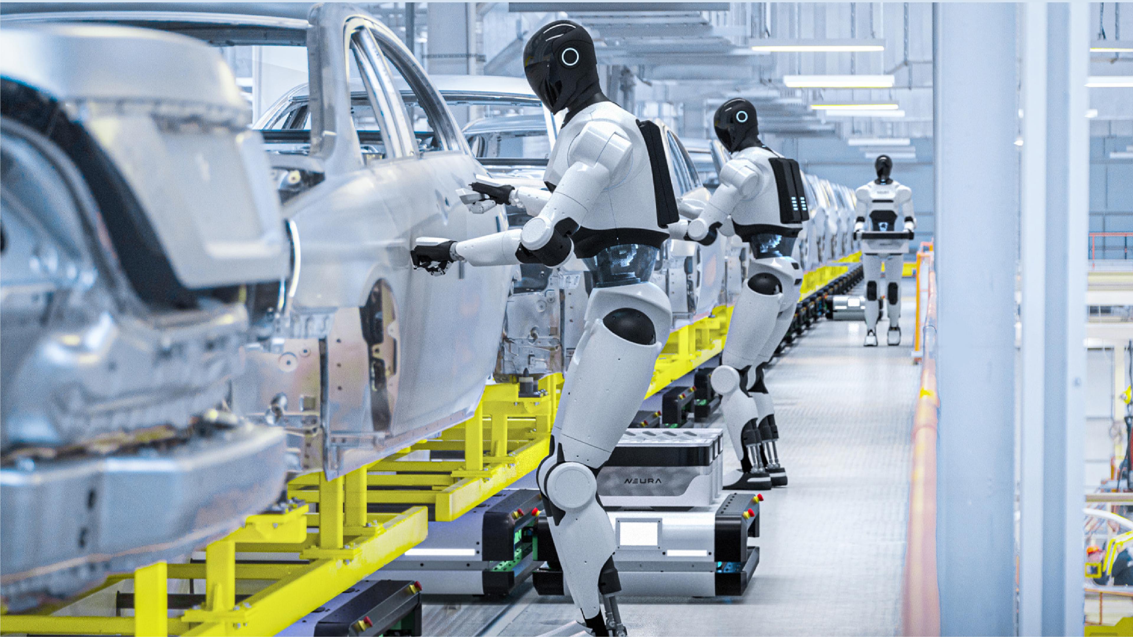 White humanoid robots by Neura Robotics working along an automated car assembly line in a bright, modern factory.