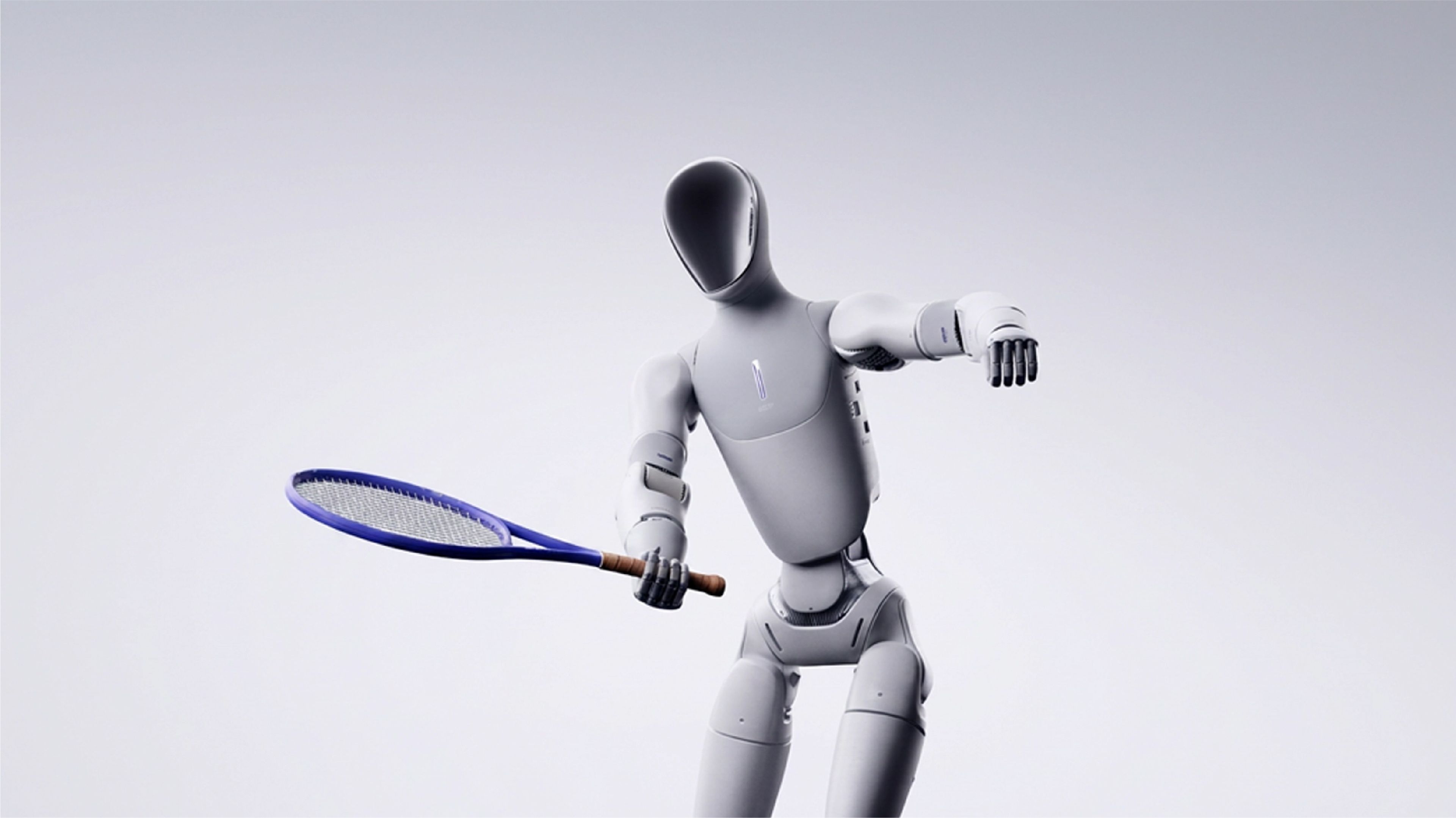 Galbot ET1 bipedal humanoid robot holding a blue tennis racket in a forehand stance against a plain white background.