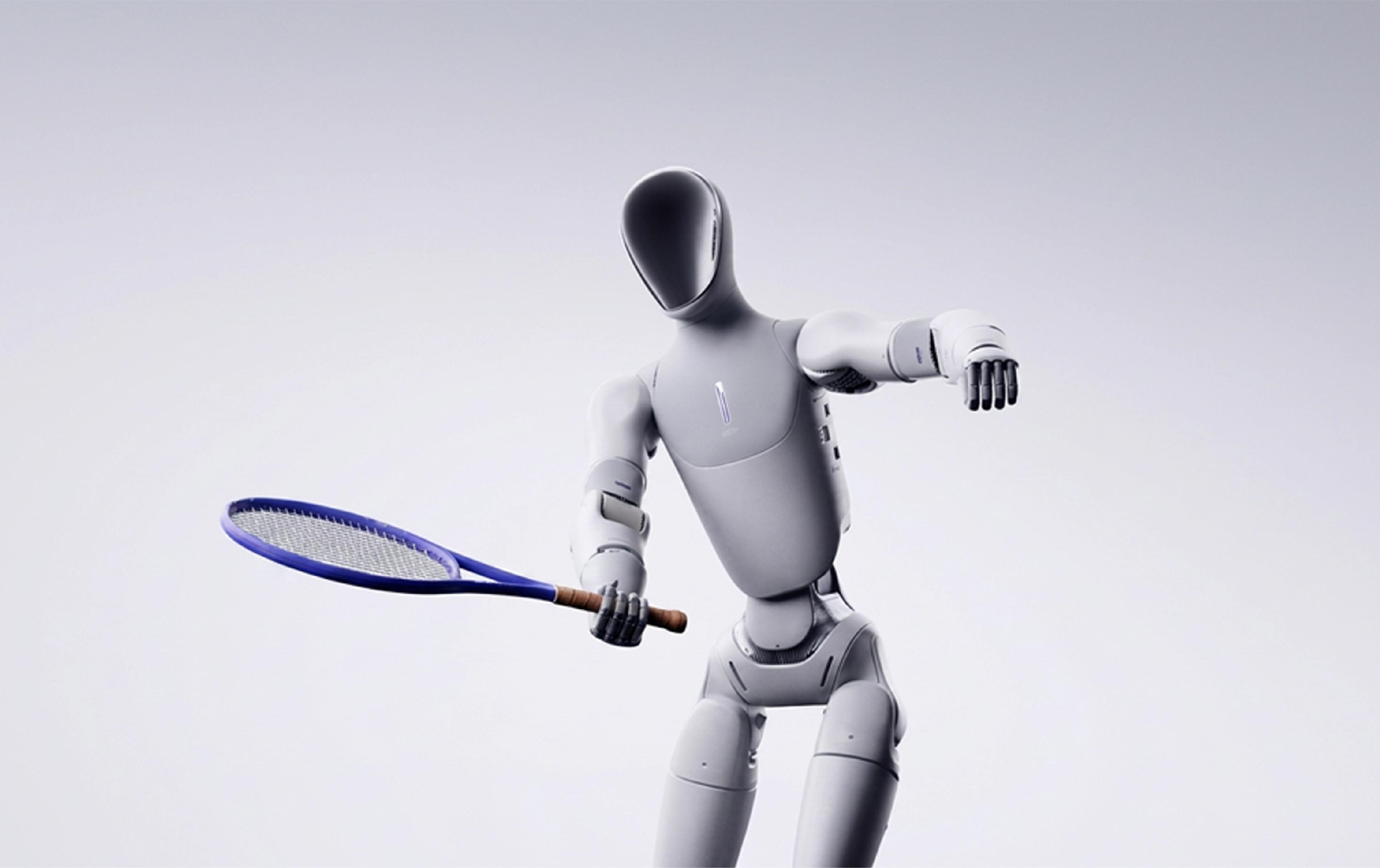 Galbot ET1 bipedal humanoid robot holding a blue tennis racket in a forehand stance against a plain white background.