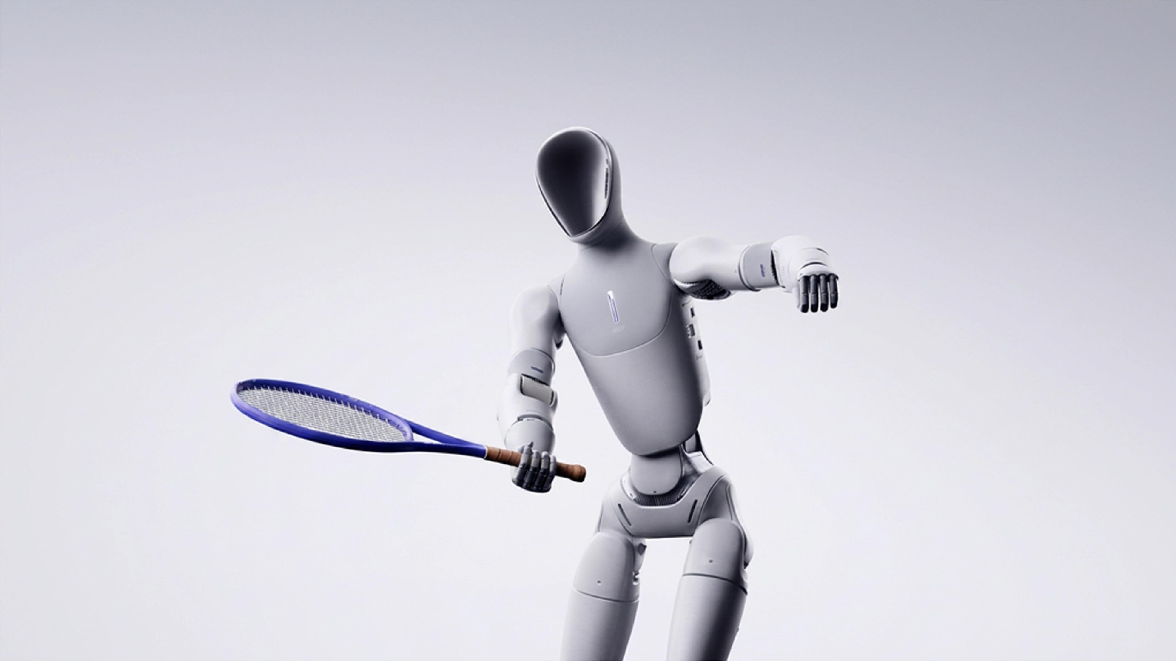 Galbot ET1 bipedal humanoid robot holding a blue tennis racket in a forehand stance against a plain white background.