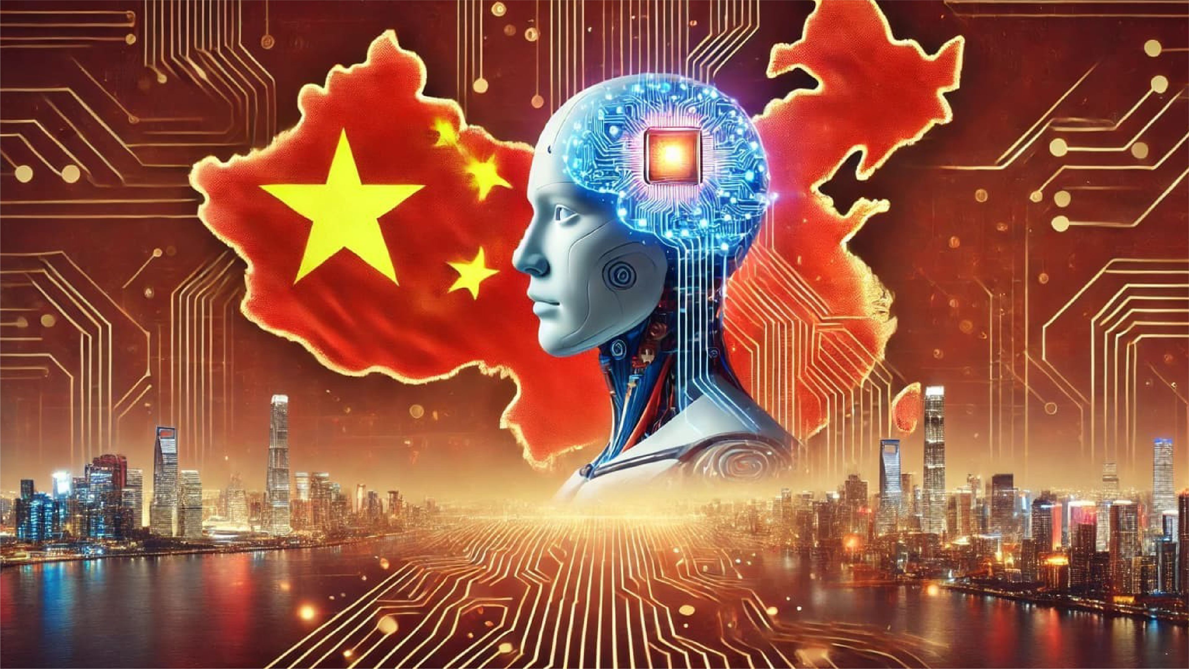Illustration of a humanoid robot with glowing blue circuitry against a map of China featuring Chinese flag symbols, digital circuit patterns and a city skyline.