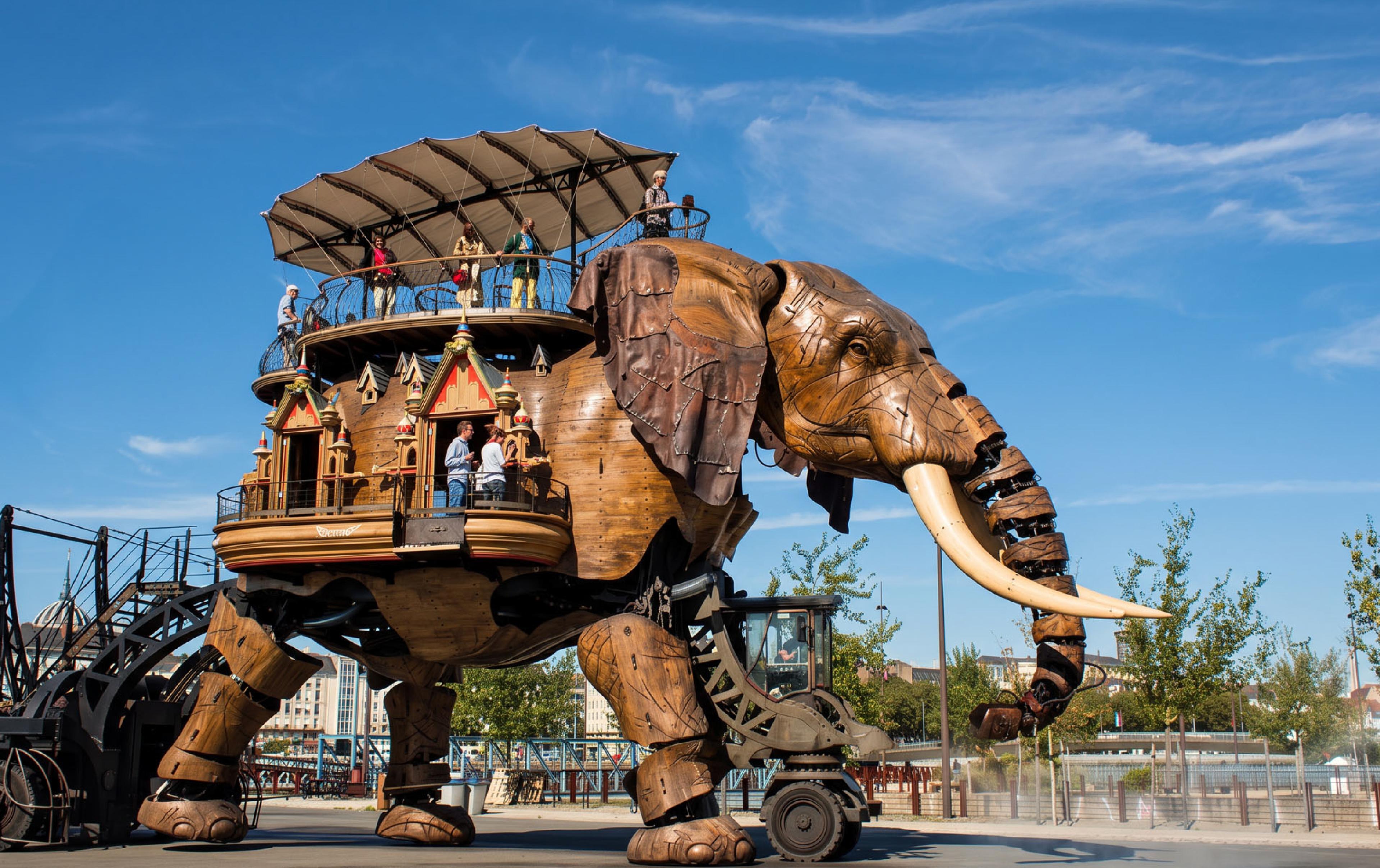 The 12-meter-tall mechanical elephant at Les Machines de l’île, carrying visitors through Nantes.
