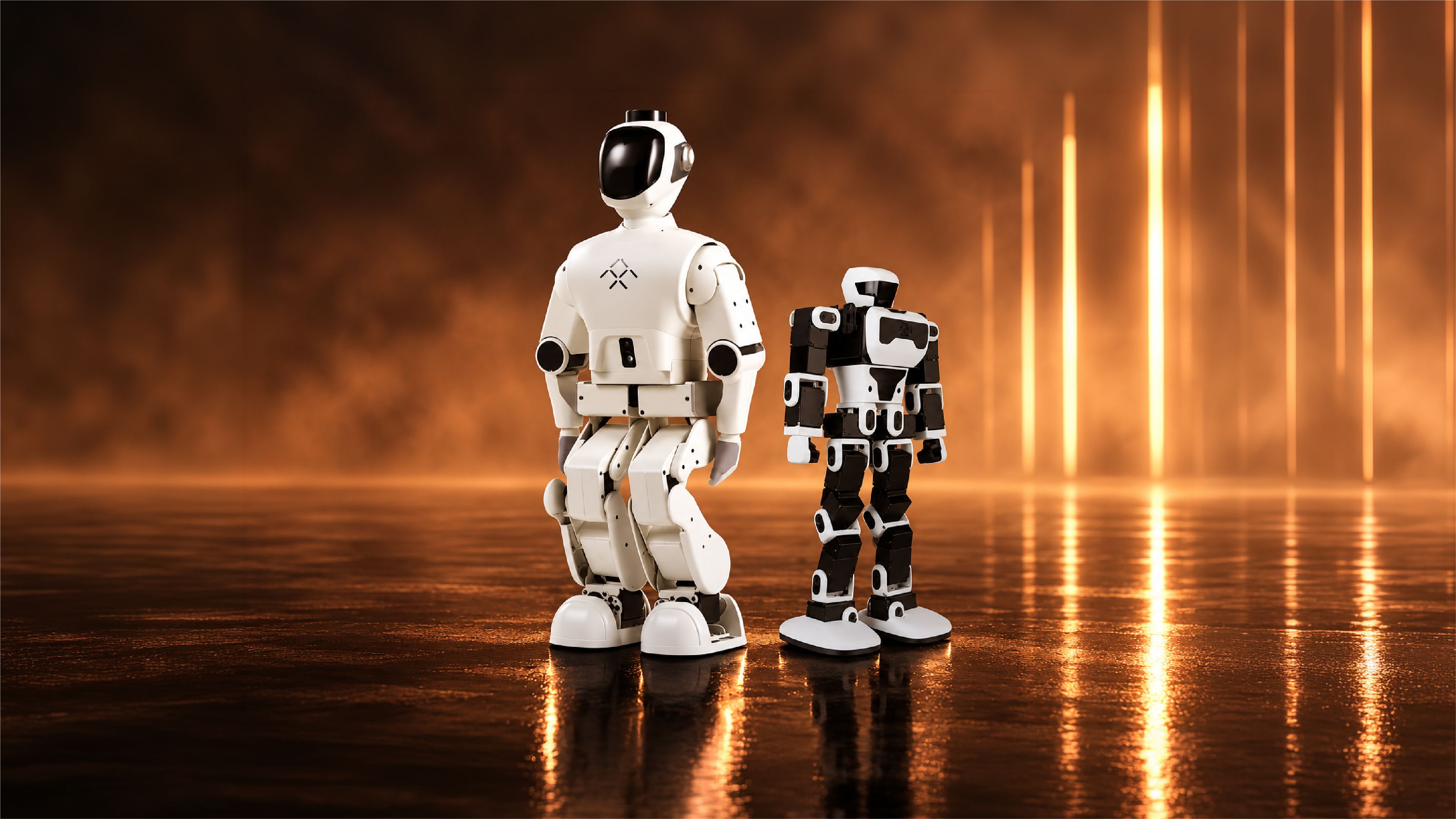 Faraday Future's FF Nova, FF Nova Mini humanoids standing next to each other.