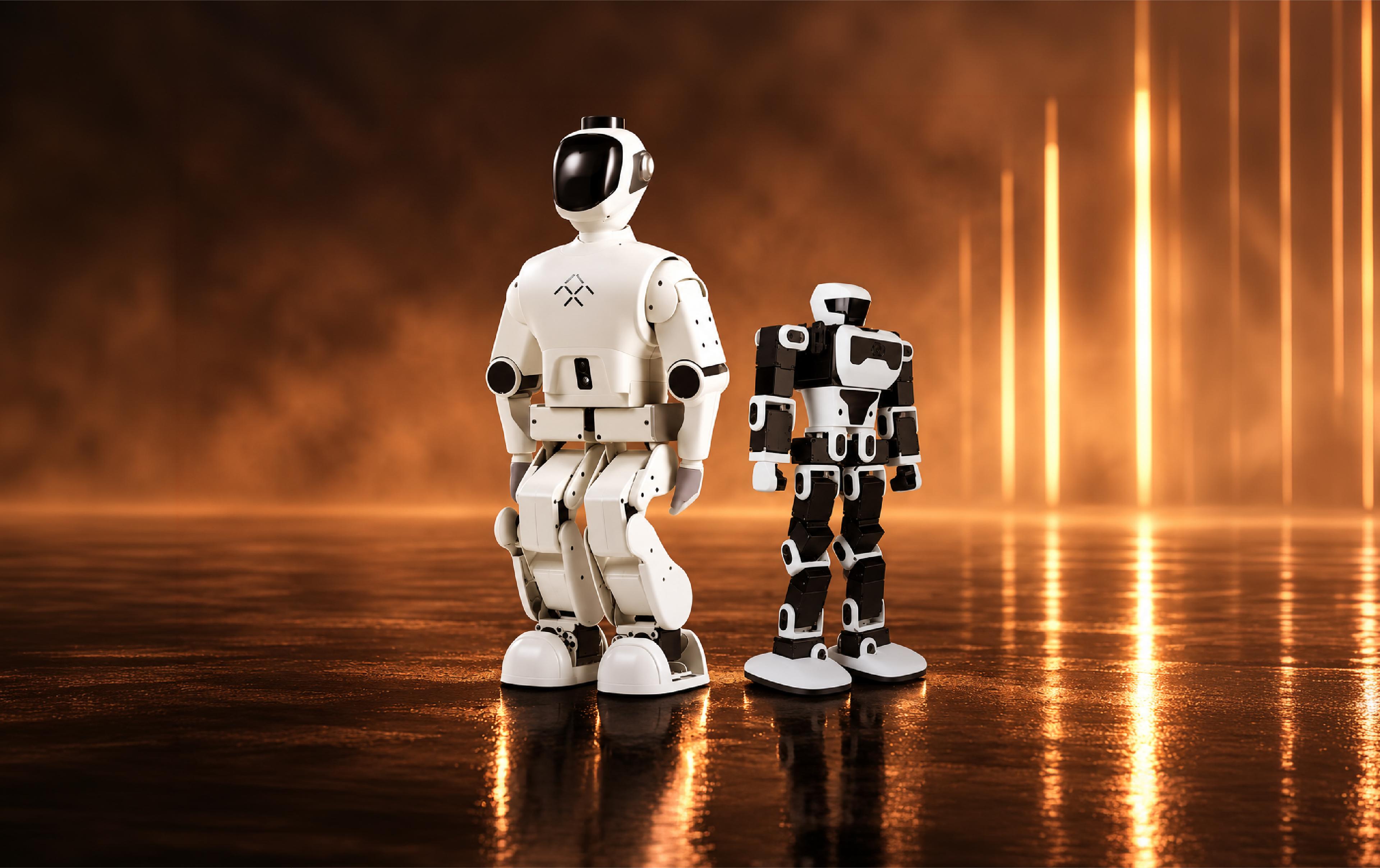 Faraday Future's FF Nova, FF Nova Mini humanoids standing next to each other.
