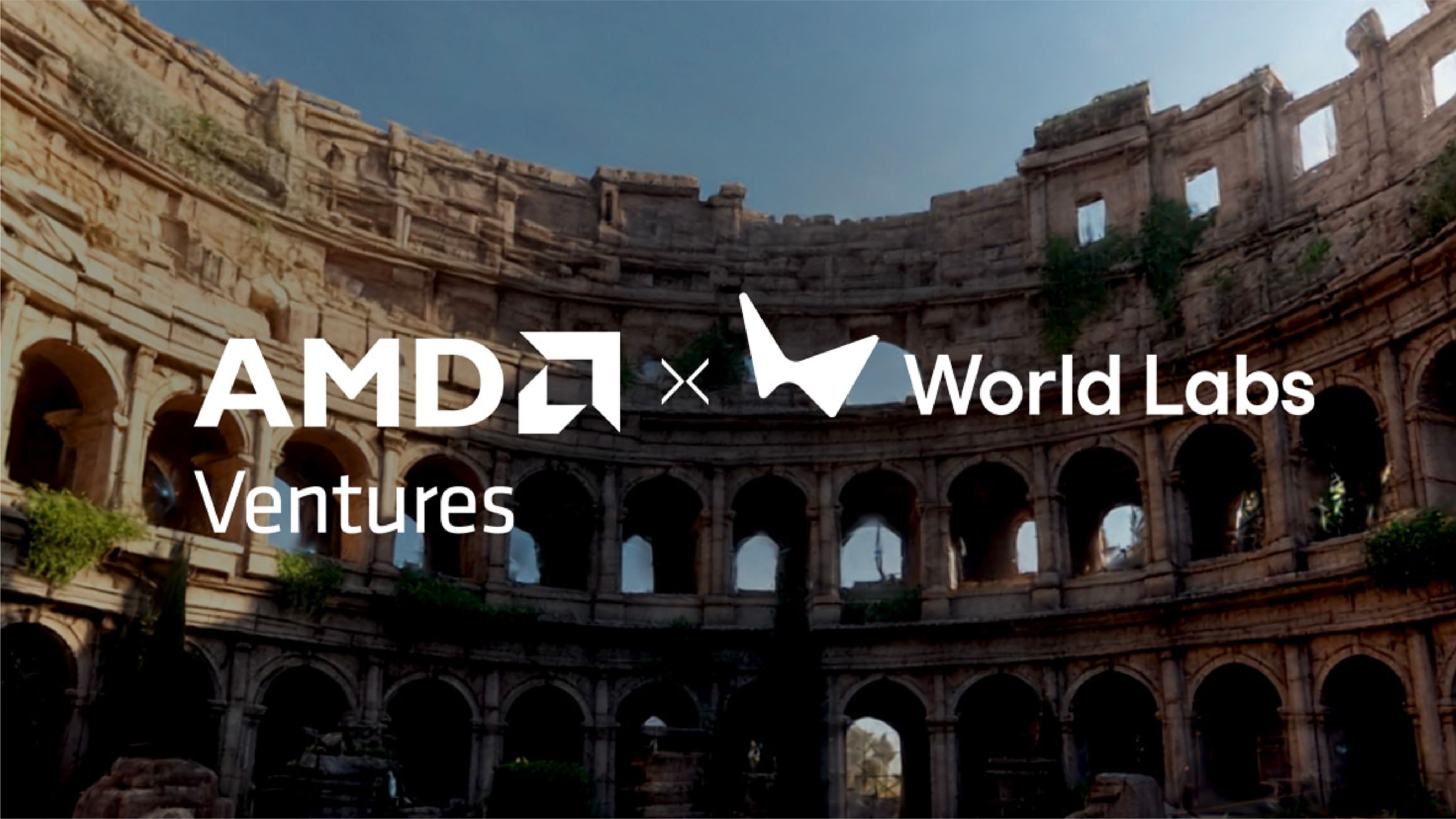 AMD Ventures and World Labs logos displayed over a 3D-rendered ancient amphitheater.