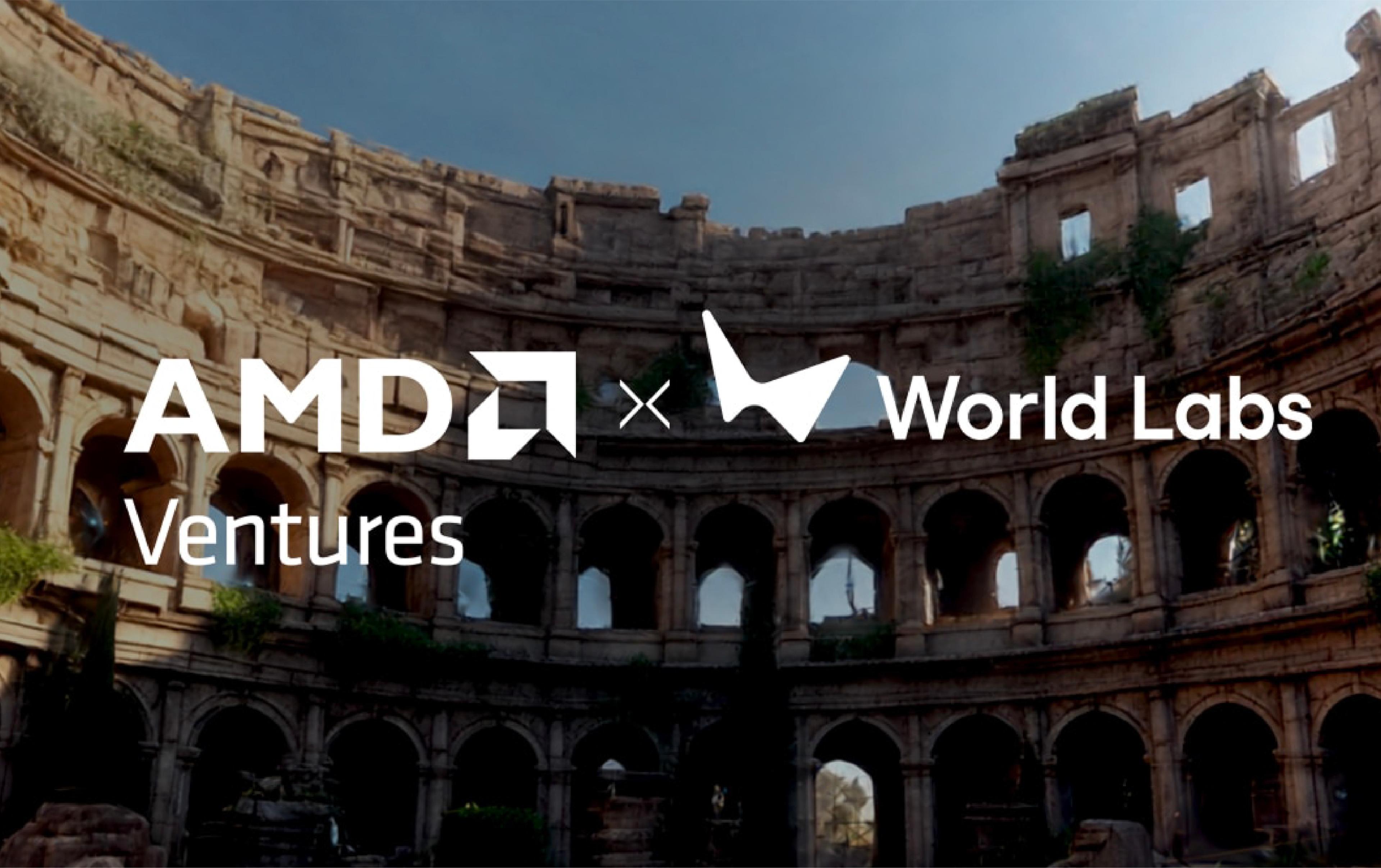 AMD Ventures and World Labs logos displayed over a 3D-rendered ancient amphitheater.