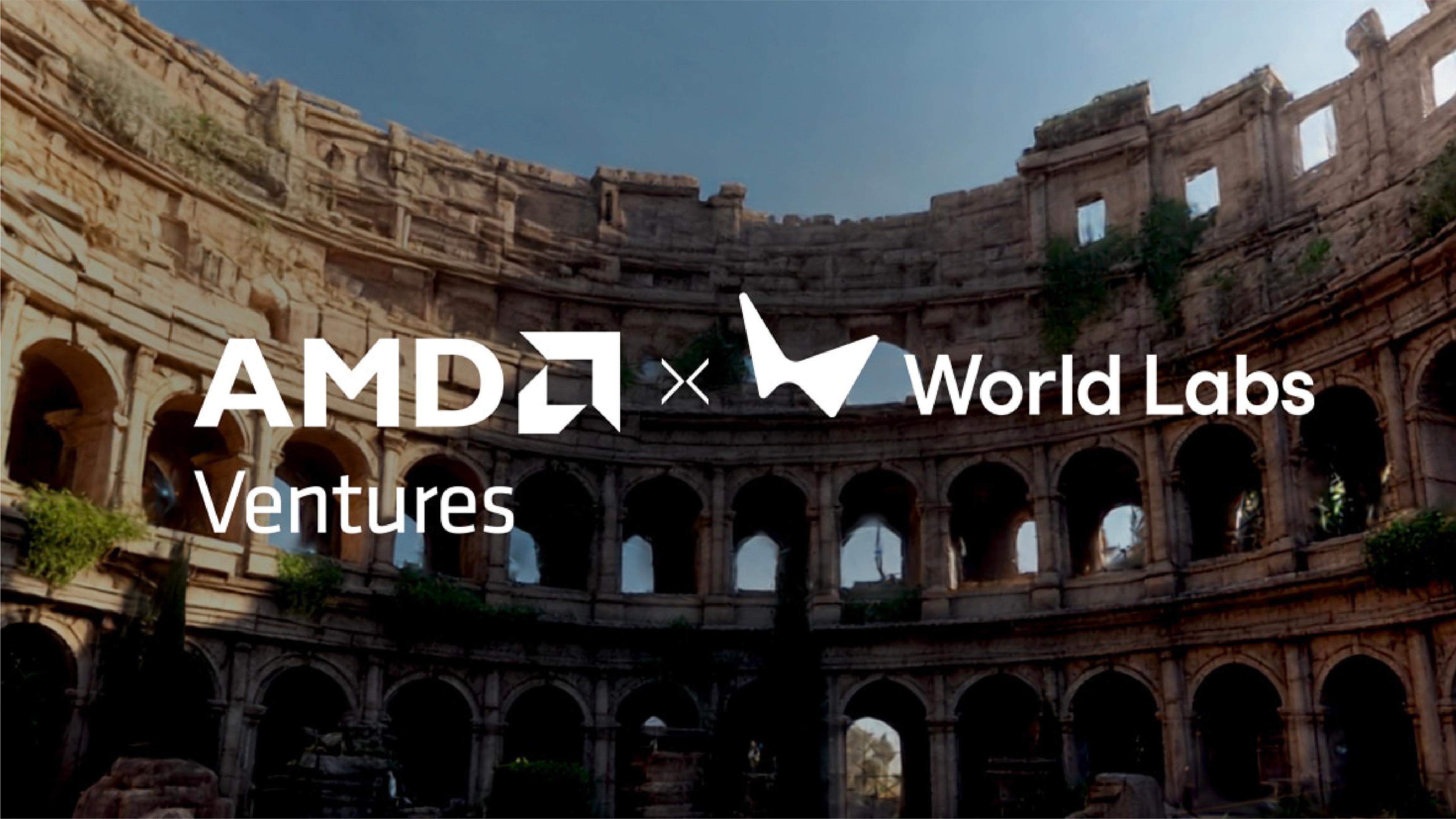 AMD Ventures and World Labs logos displayed over a 3D-rendered ancient amphitheater.