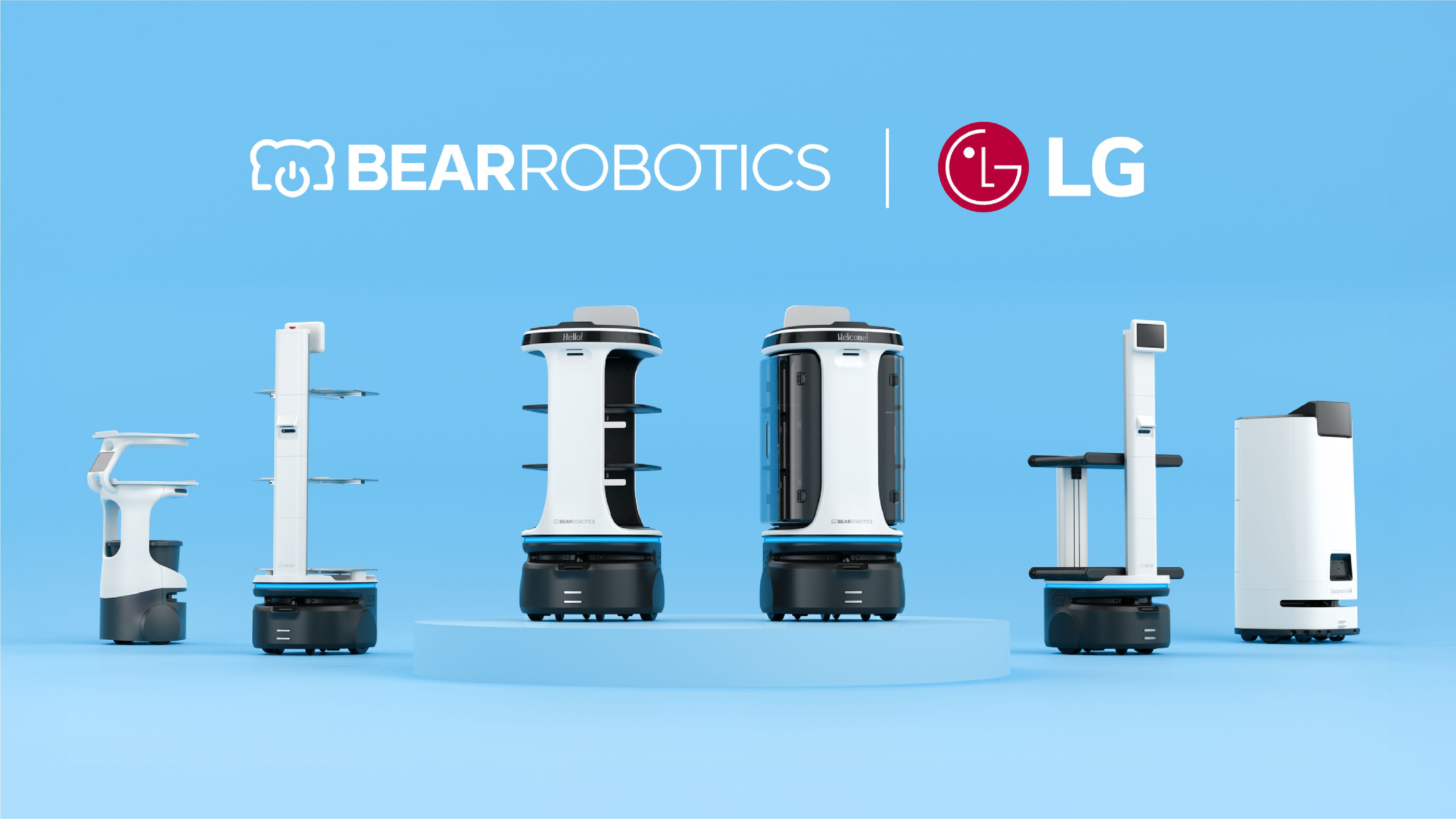 Promotional image showing Bear Robotics service robots in a lineup