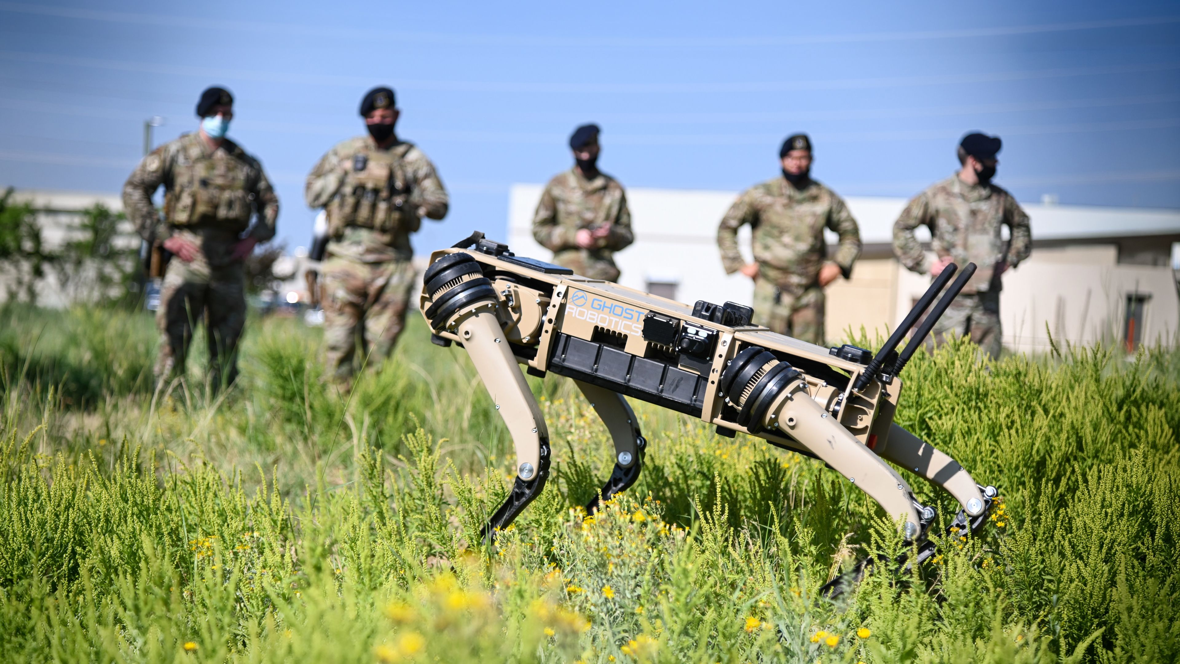 A Ghost Robotics quadruped robot moves through grass during an outdoor military demonstration, with uniformed personnel standing in the background.