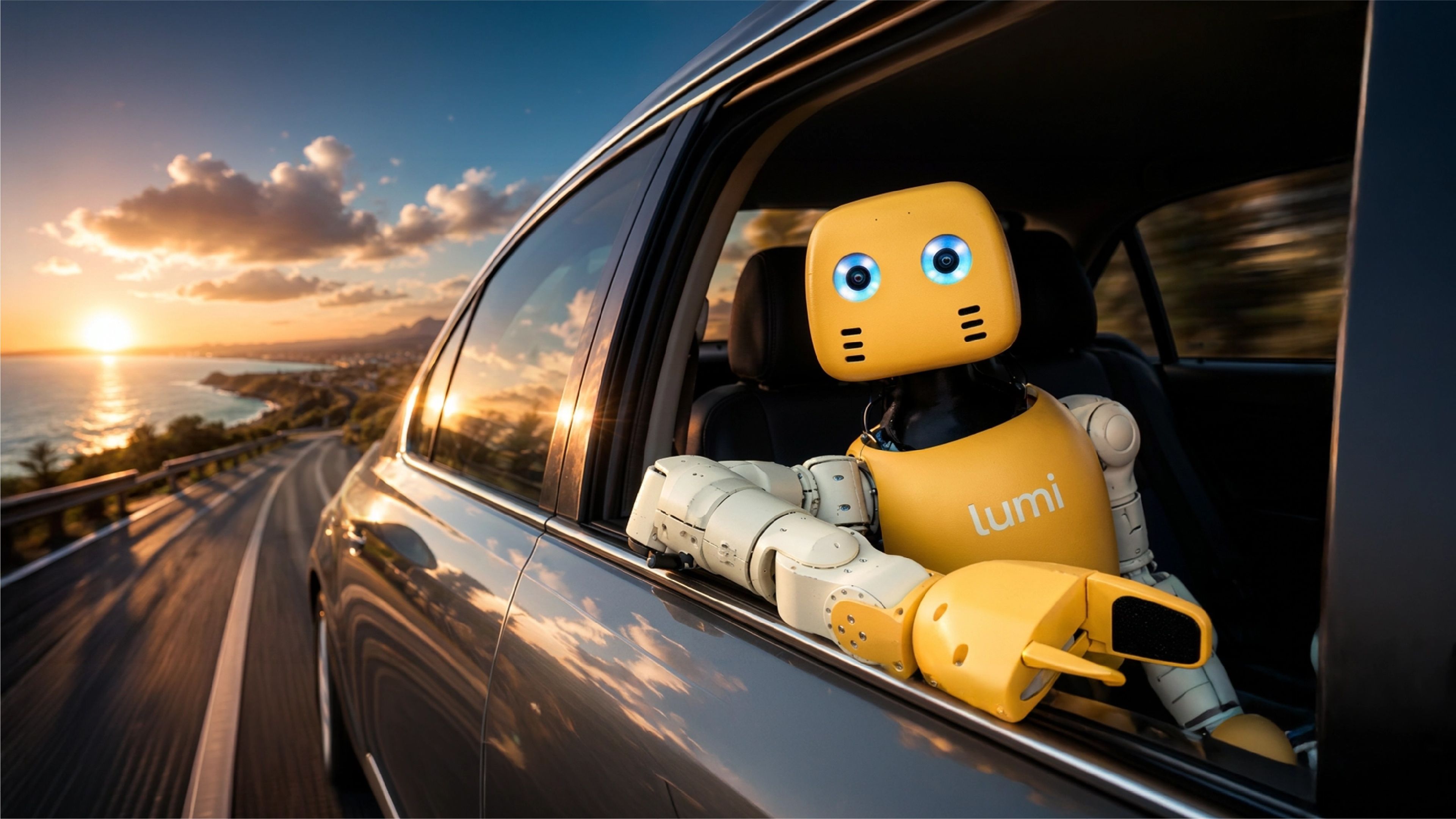 A yellow and white robot named "Lumi" leans out of a car's rear window with its arms resting on the door, cruising along a coastal road at sunset. The sky is streaked with orange and blue, the sun sits low over the ocean on the horizon, and the road curves ahead lined with a guardrail and scattered greenery.