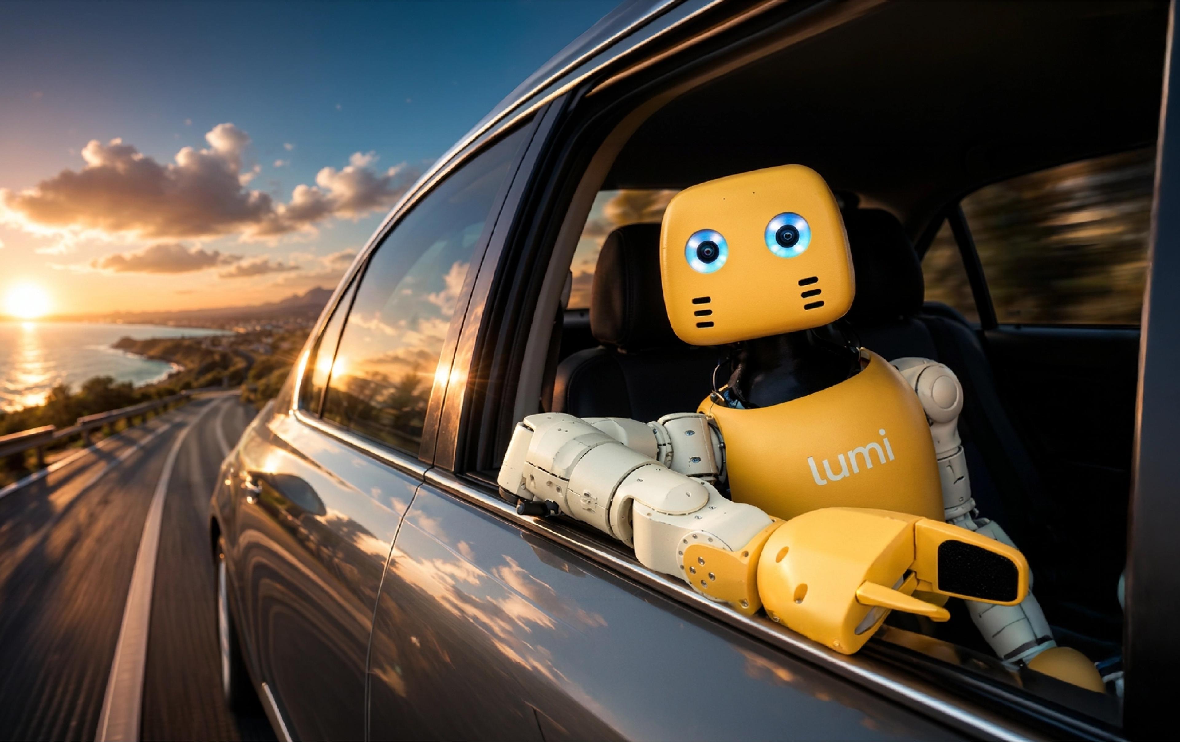 A yellow and white robot named "Lumi" leans out of a car's rear window with its arms resting on the door, cruising along a coastal road at sunset. The sky is streaked with orange and blue, the sun sits low over the ocean on the horizon, and the road curves ahead lined with a guardrail and scattered greenery.