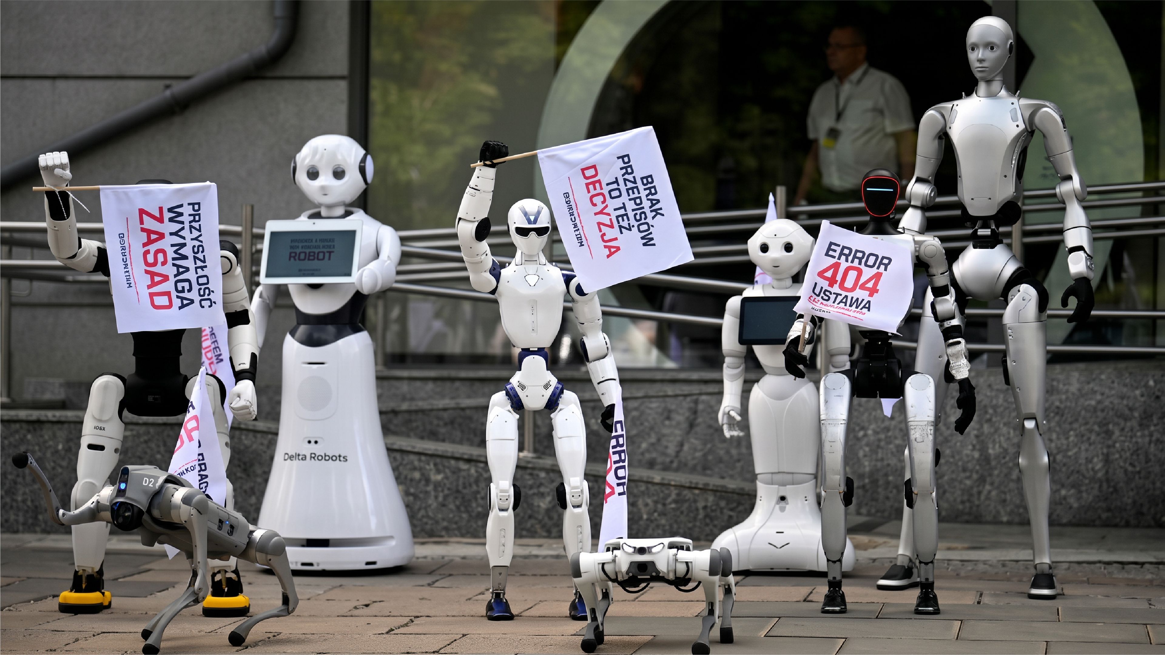 A lineup of humanoid robots and robotic dogs on a Warsaw street, several holding signs in Polish, demanding regulations