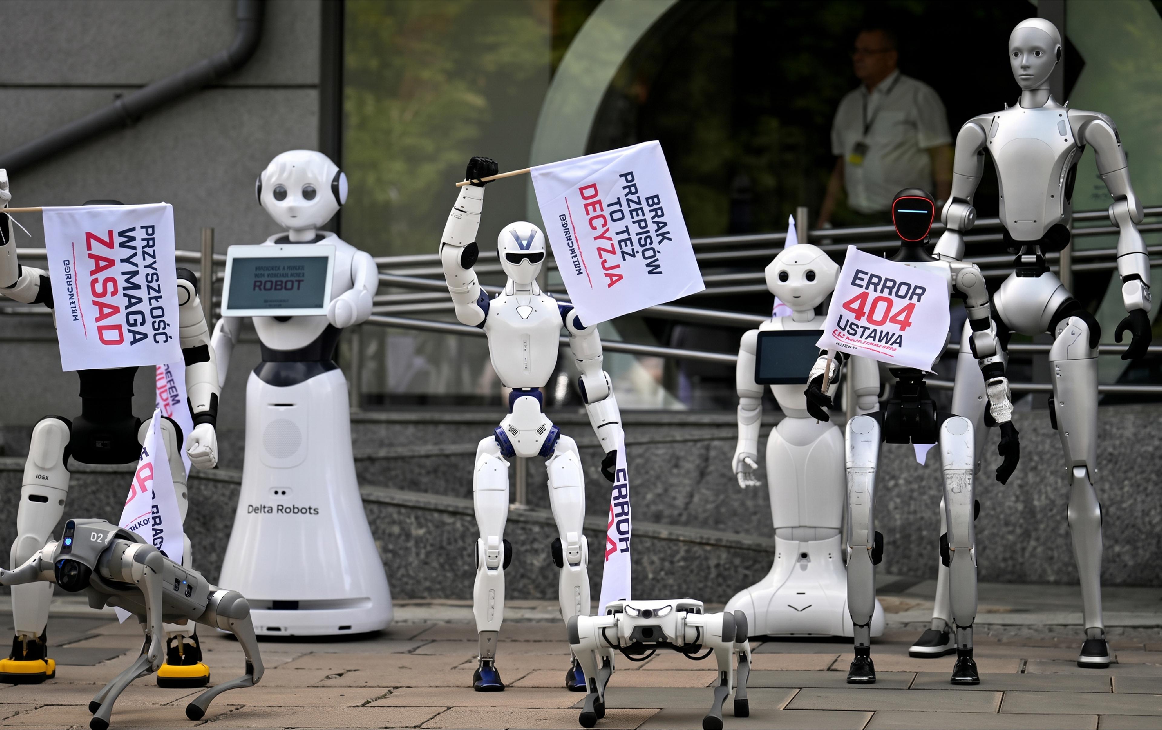 A lineup of humanoid robots and robotic dogs on a Warsaw street, several holding signs in Polish, demanding regulations
