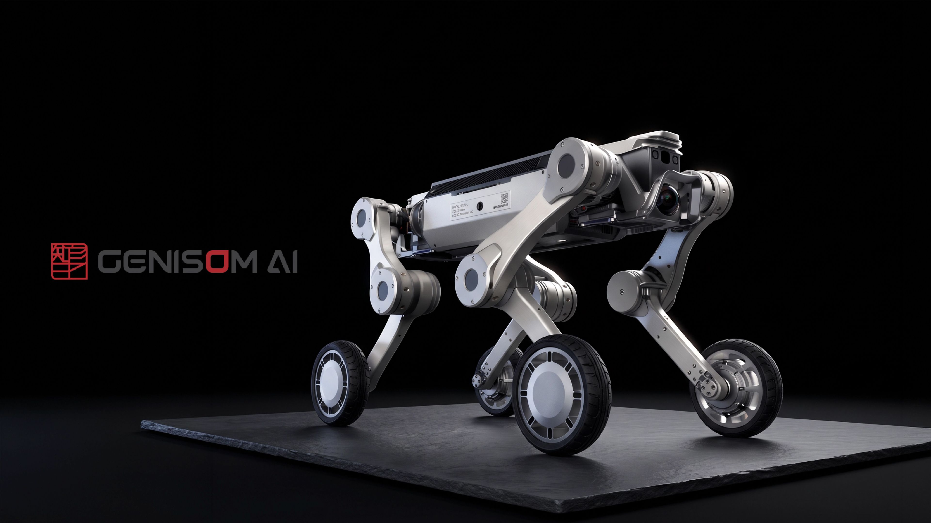 Genisom AI four-legged wheeled robot with a front-mounted camera and articulated legs, shown against a black background.