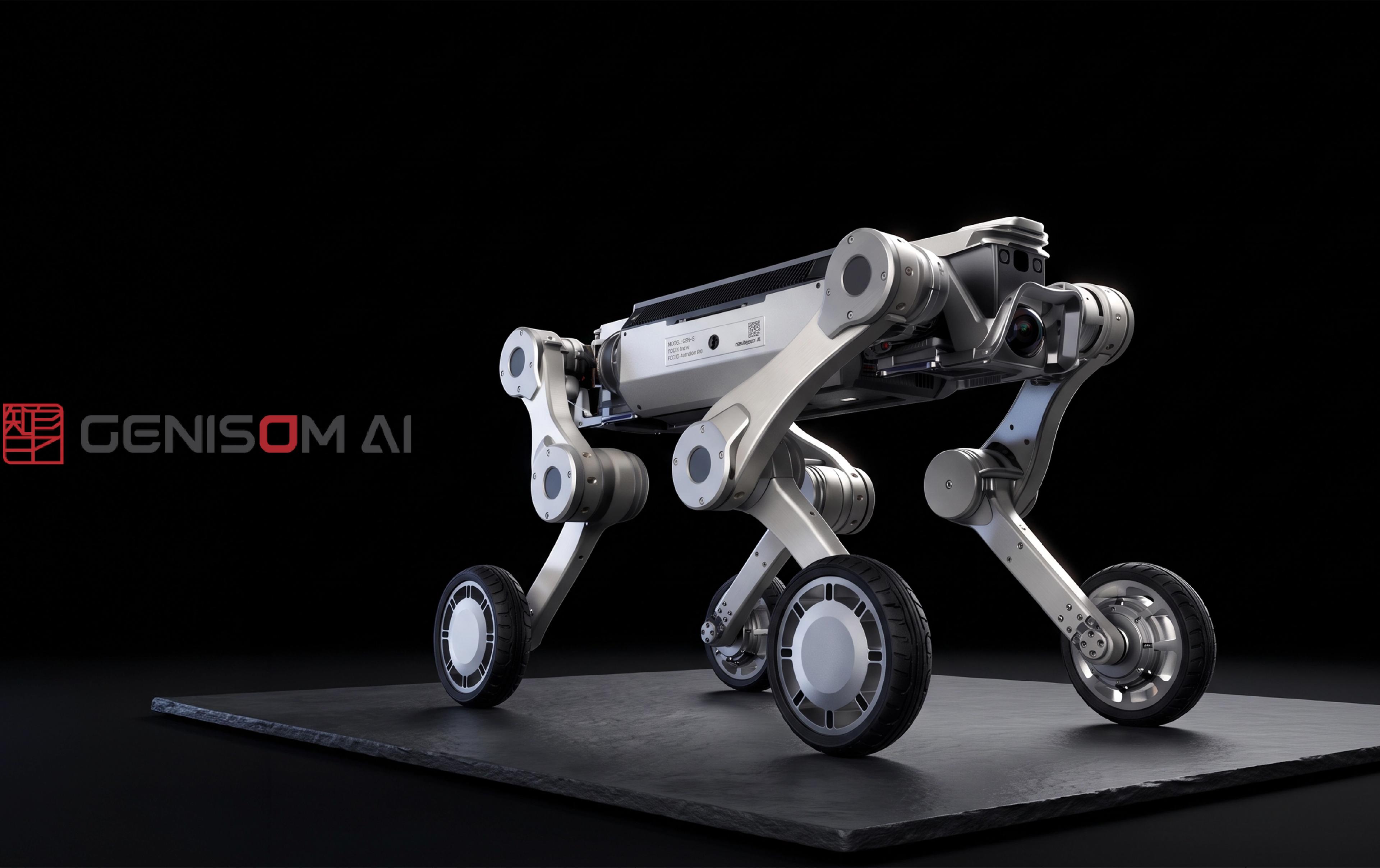 Genisom AI four-legged wheeled robot with a front-mounted camera and articulated legs, shown against a black background.