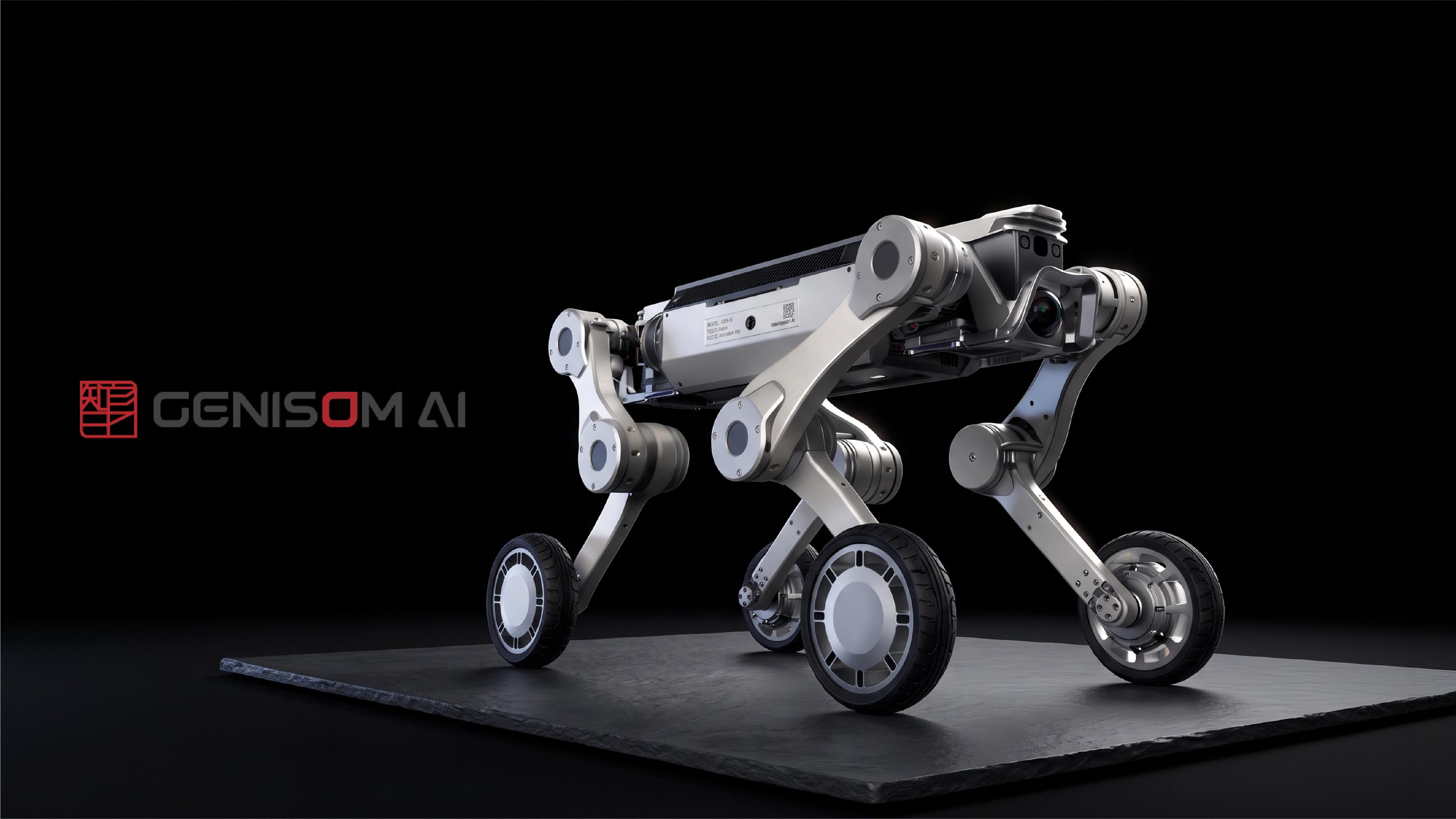 Genisom AI four-legged wheeled robot with a front-mounted camera and articulated legs, shown against a black background.