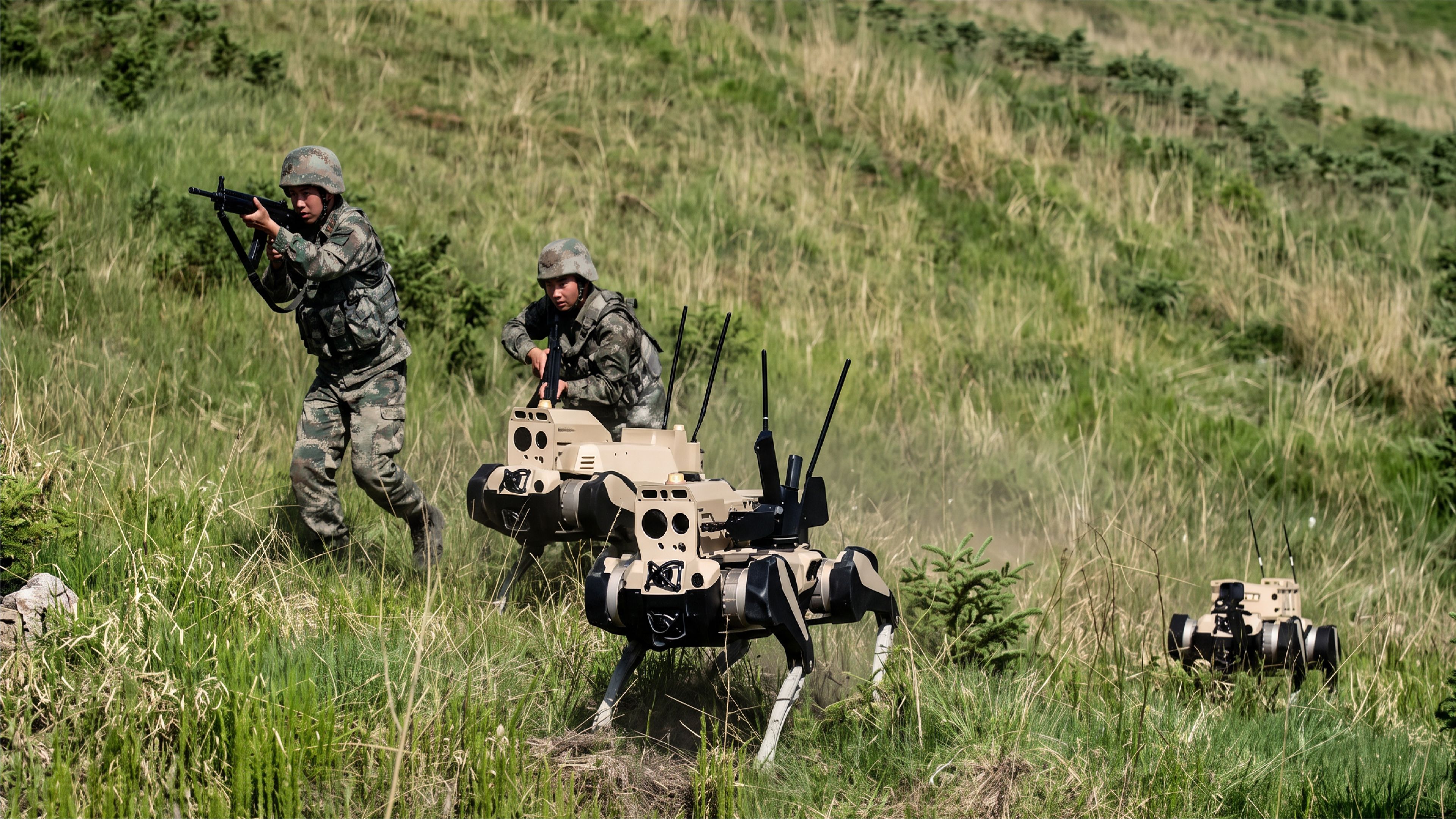 Chinese soldiers advance alongside military robots during a field exercise.