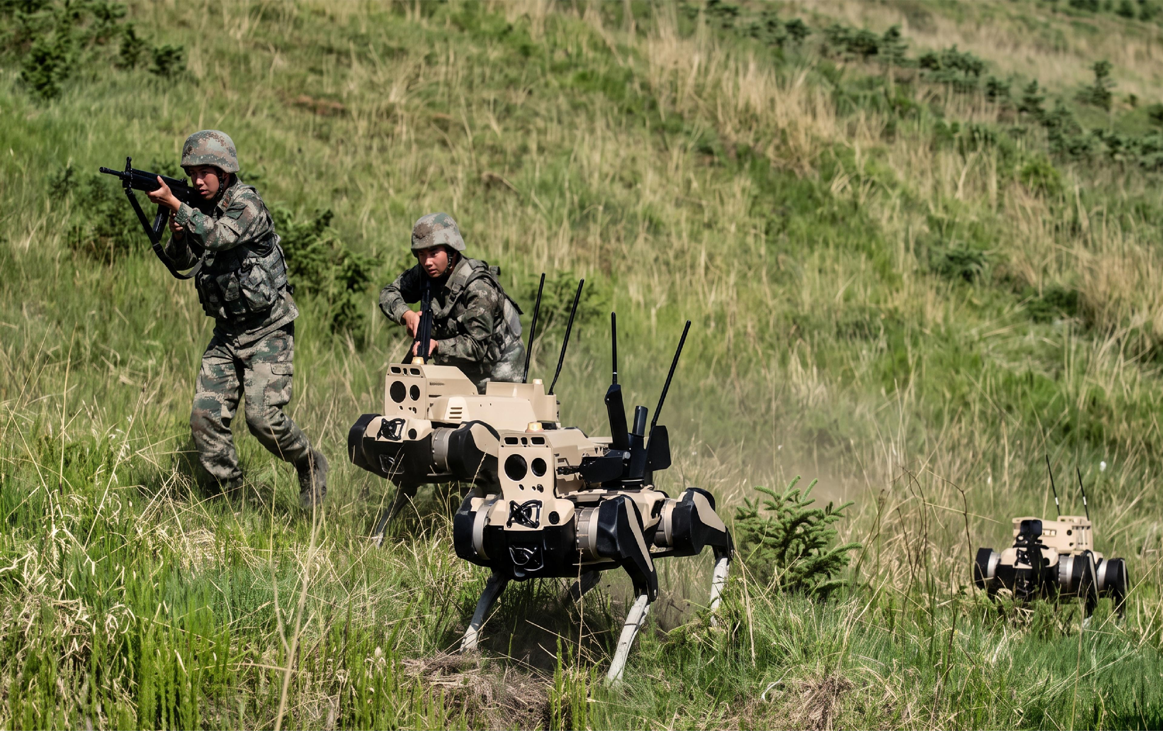Chinese soldiers advance alongside military robots during a field exercise.