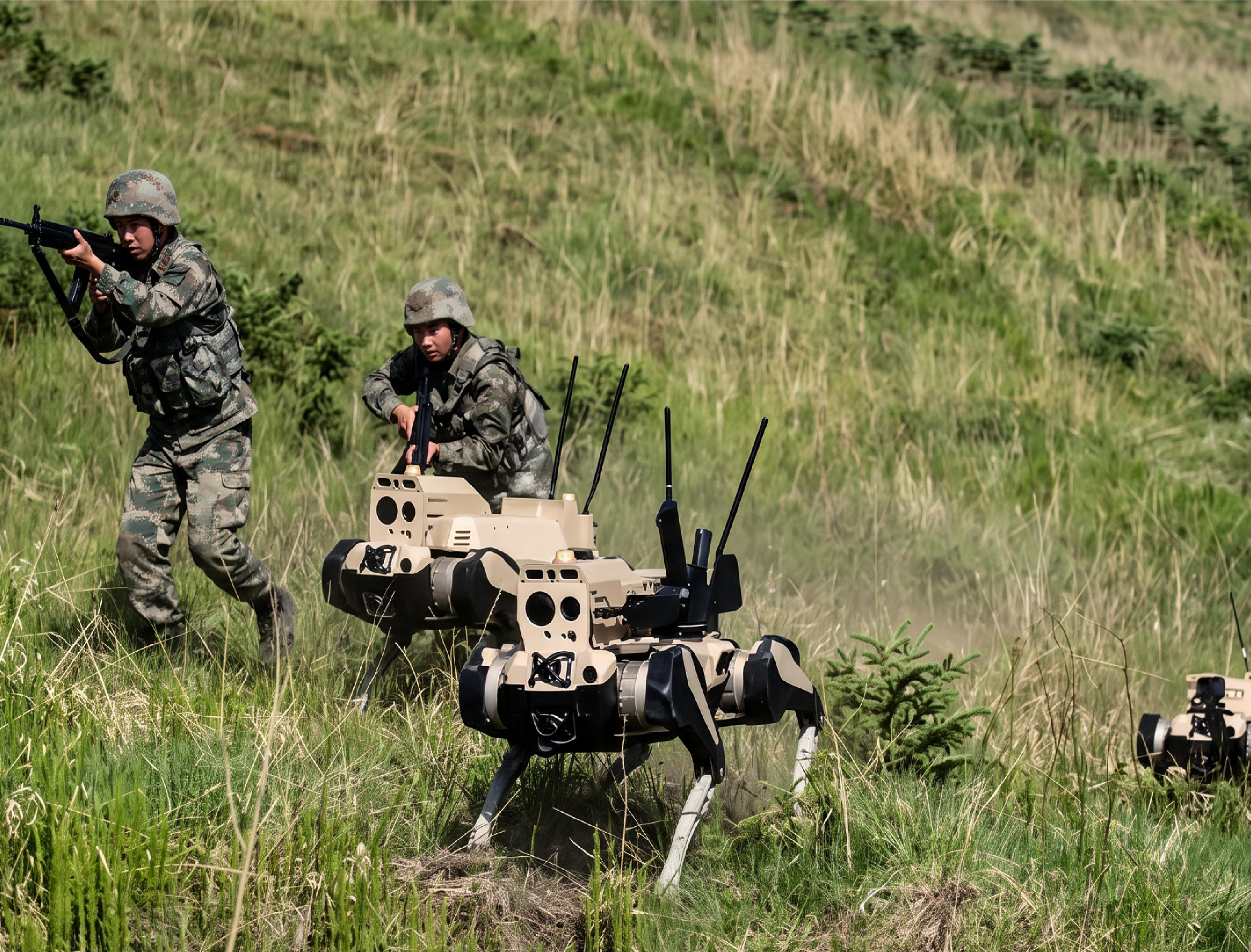 Chinese soldiers advance alongside military robots during a field exercise.