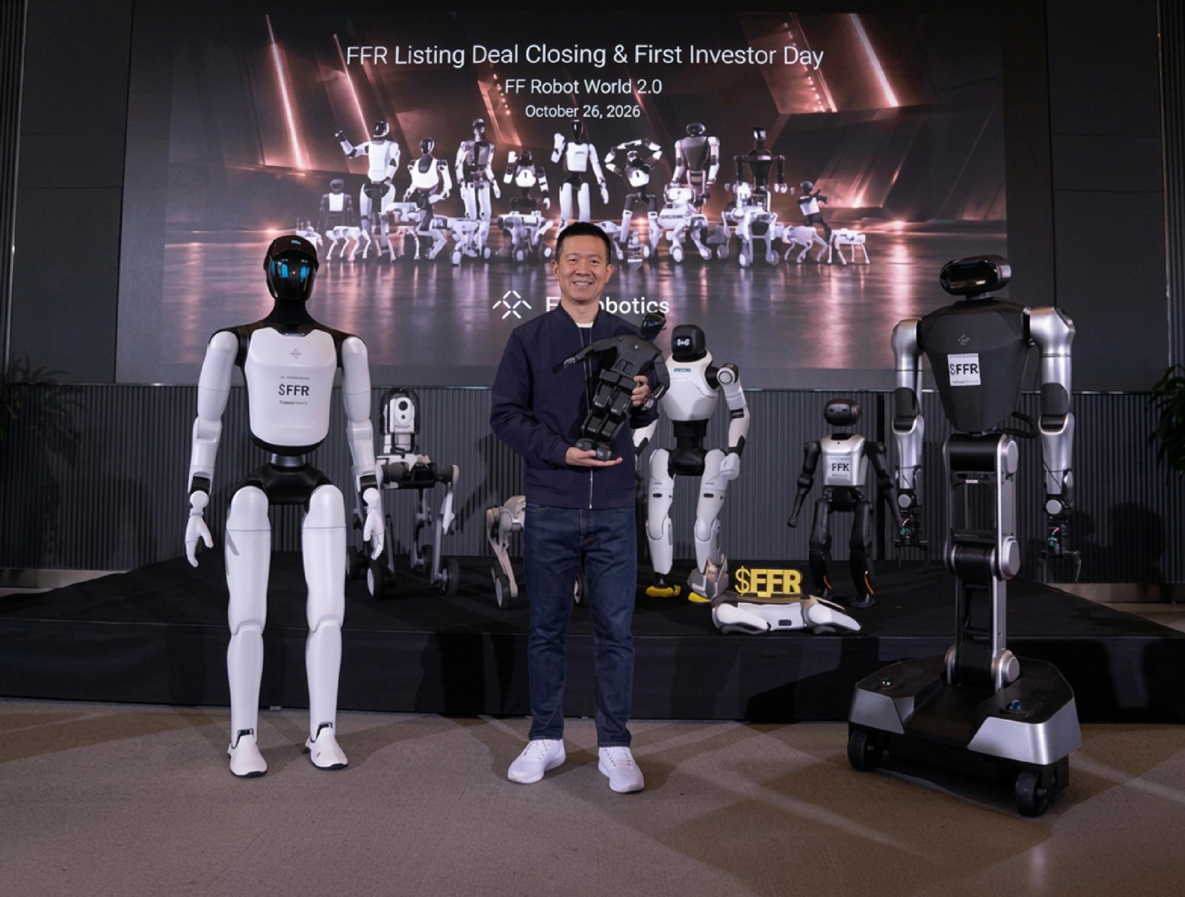 YT Jia, CEO of Faraday Future and FFR, poses with several humanoid and wheeled robots at FFR's listing deal closing and investor day event on Oct. 26, 2026.