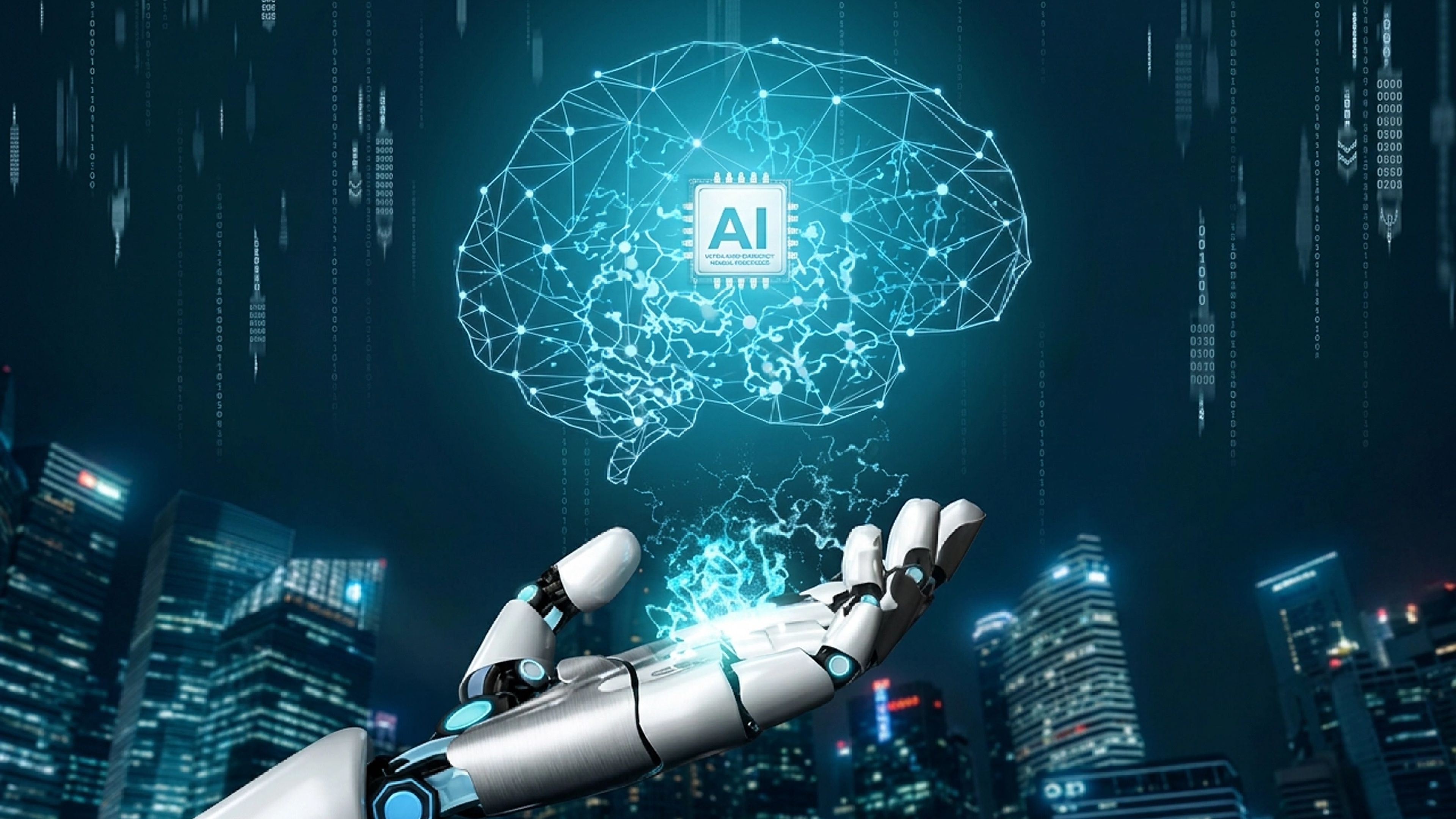 A robotic hand projecting a digital brain with an AI chip, neural connections and streams of binary code above a nighttime city skyline.