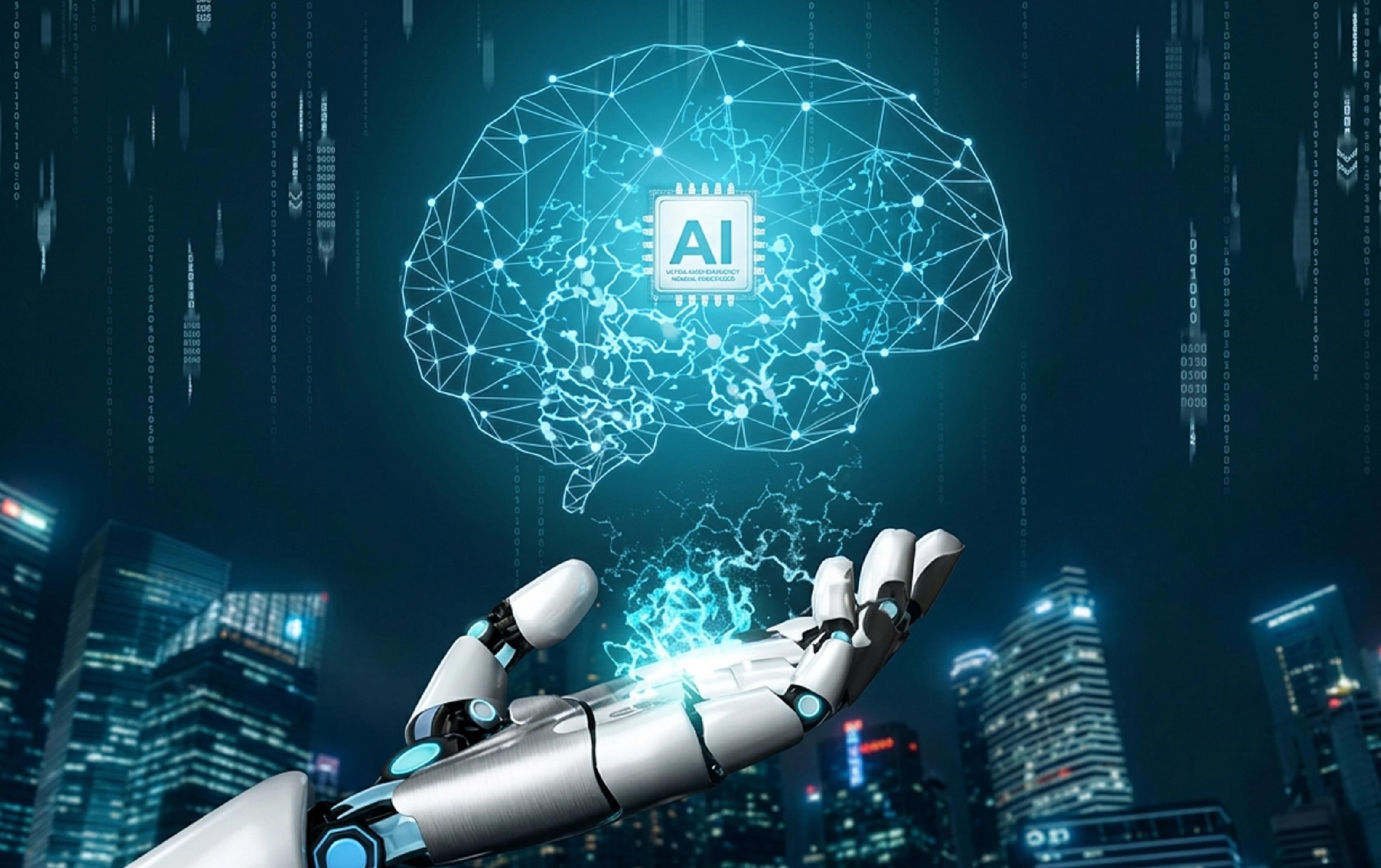 A robotic hand projecting a digital brain with an AI chip, neural connections and streams of binary code above a nighttime city skyline.