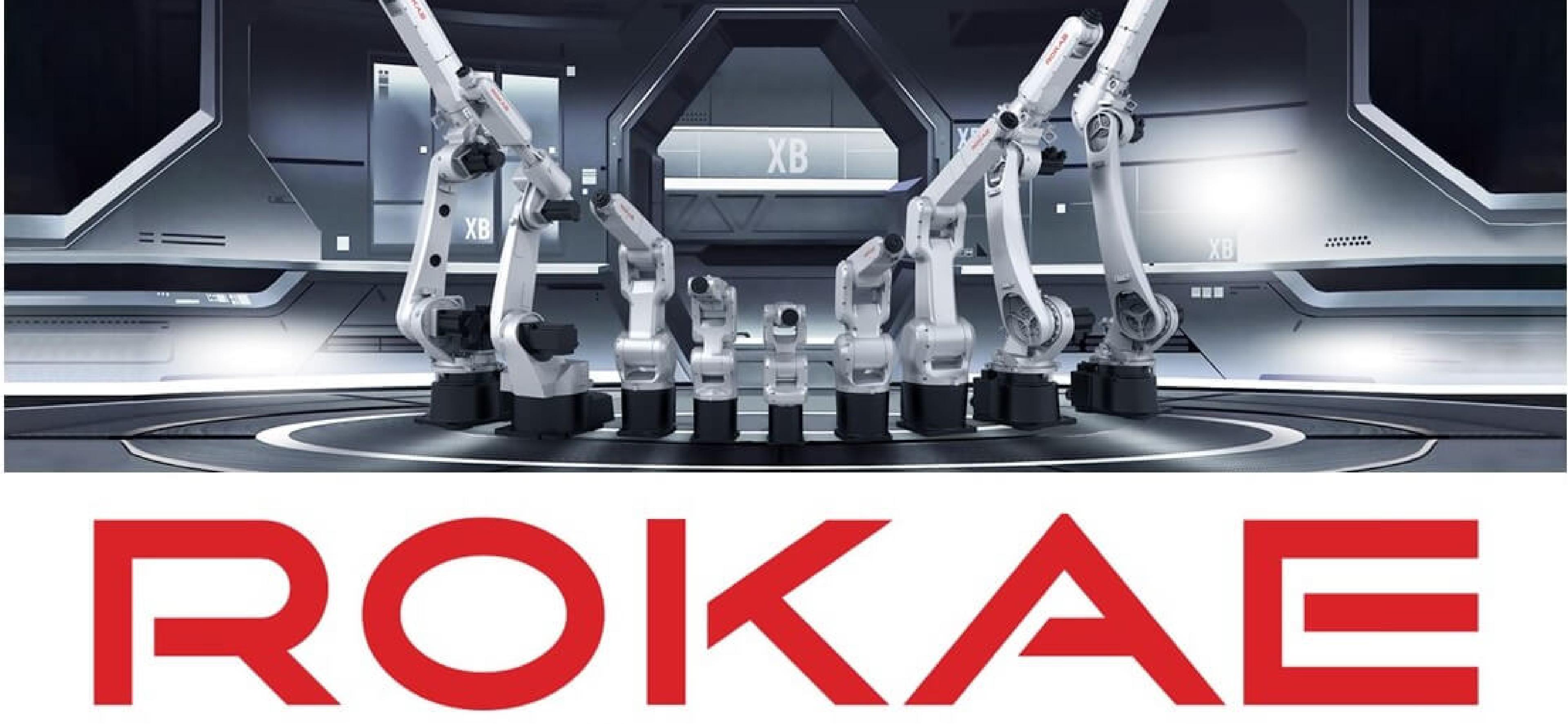 ROKAE's lineup of industrial robotic arms displayed above the manufacturer's logo.