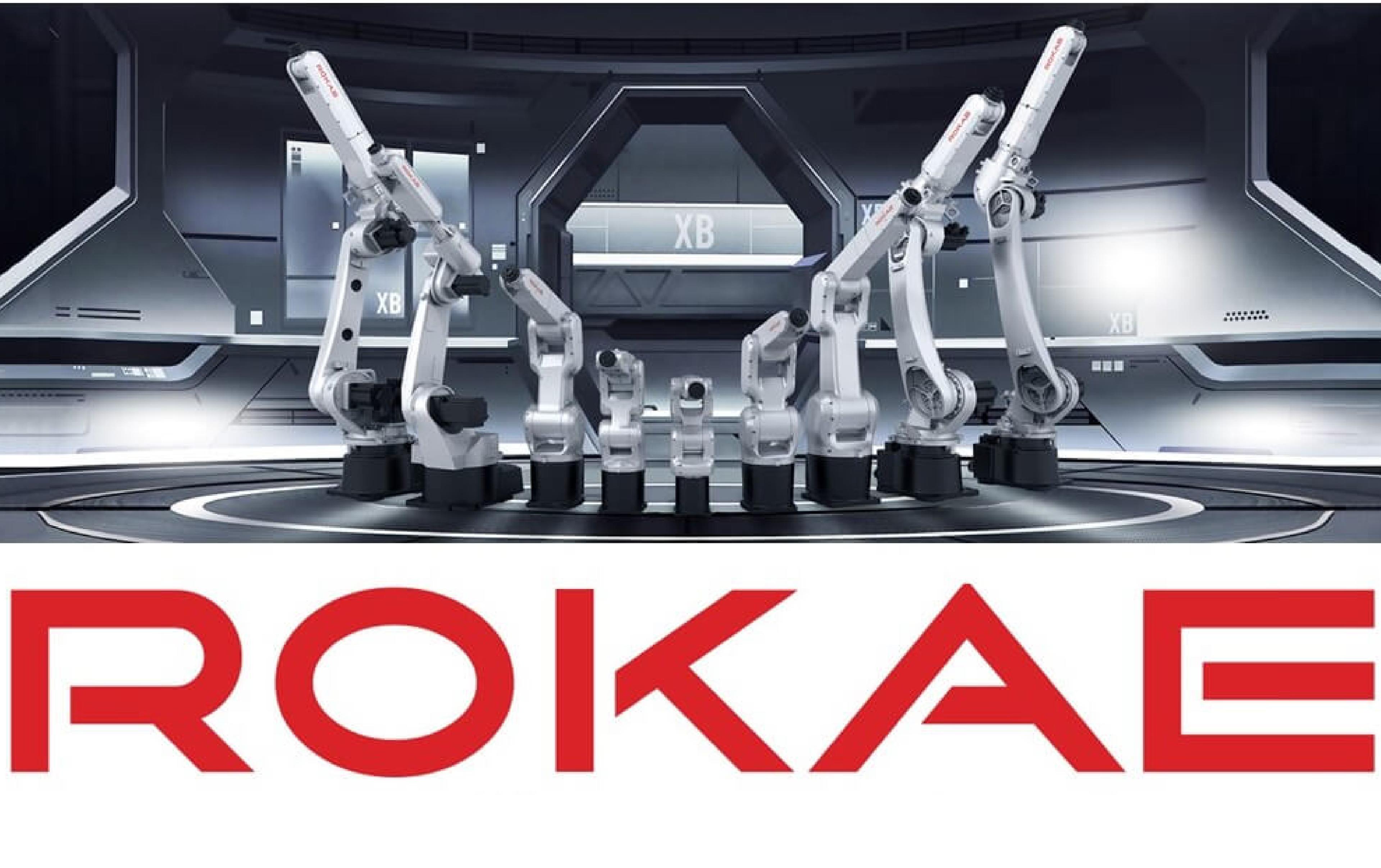 ROKAE's lineup of industrial robotic arms displayed above the manufacturer's logo.