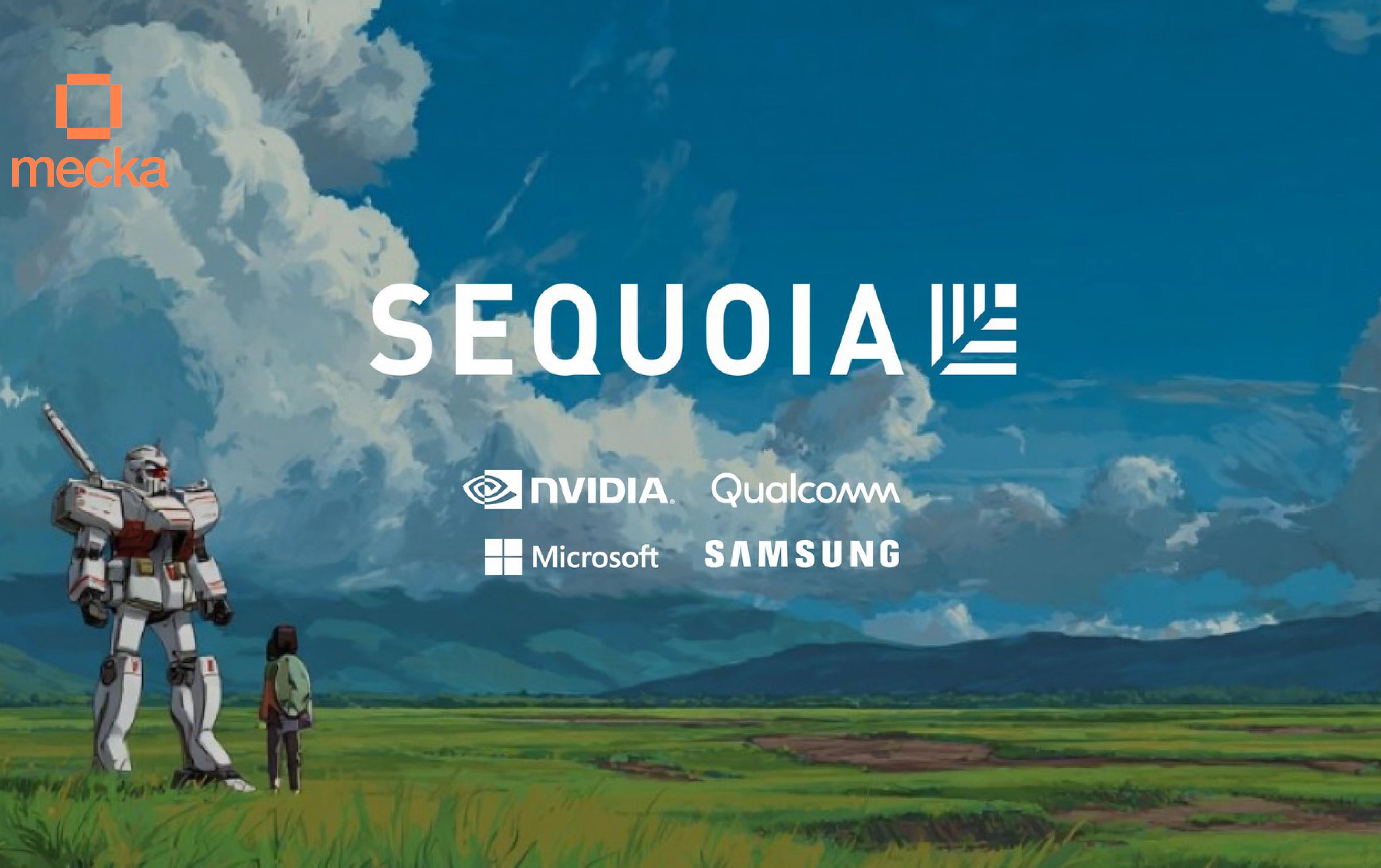 Mecka funding announcement graphic featuring lenders' logos above an illustrated humanoid robot and person in a grassy landscape.