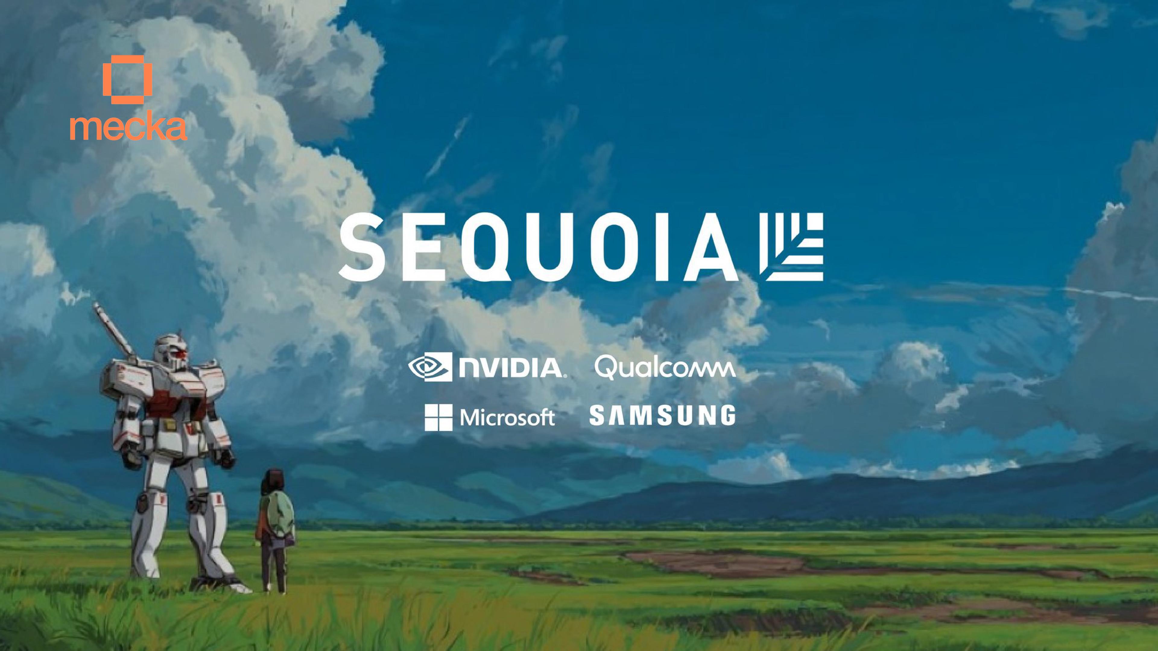 Mecka funding announcement graphic featuring lenders' logos above an illustrated humanoid robot and person in a grassy landscape.