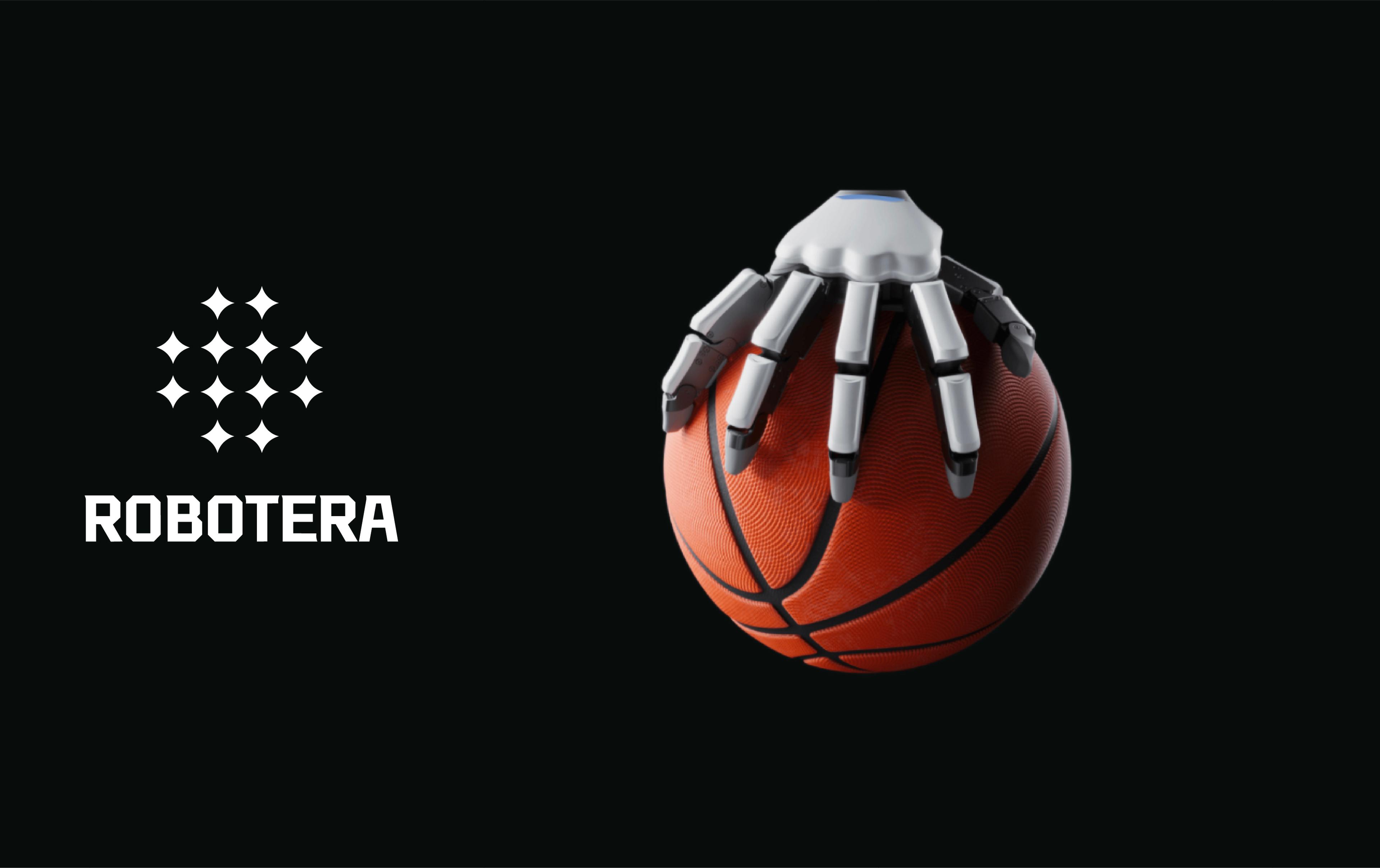 Robotera dexterous robotic hand gripping a basketball against a black background.