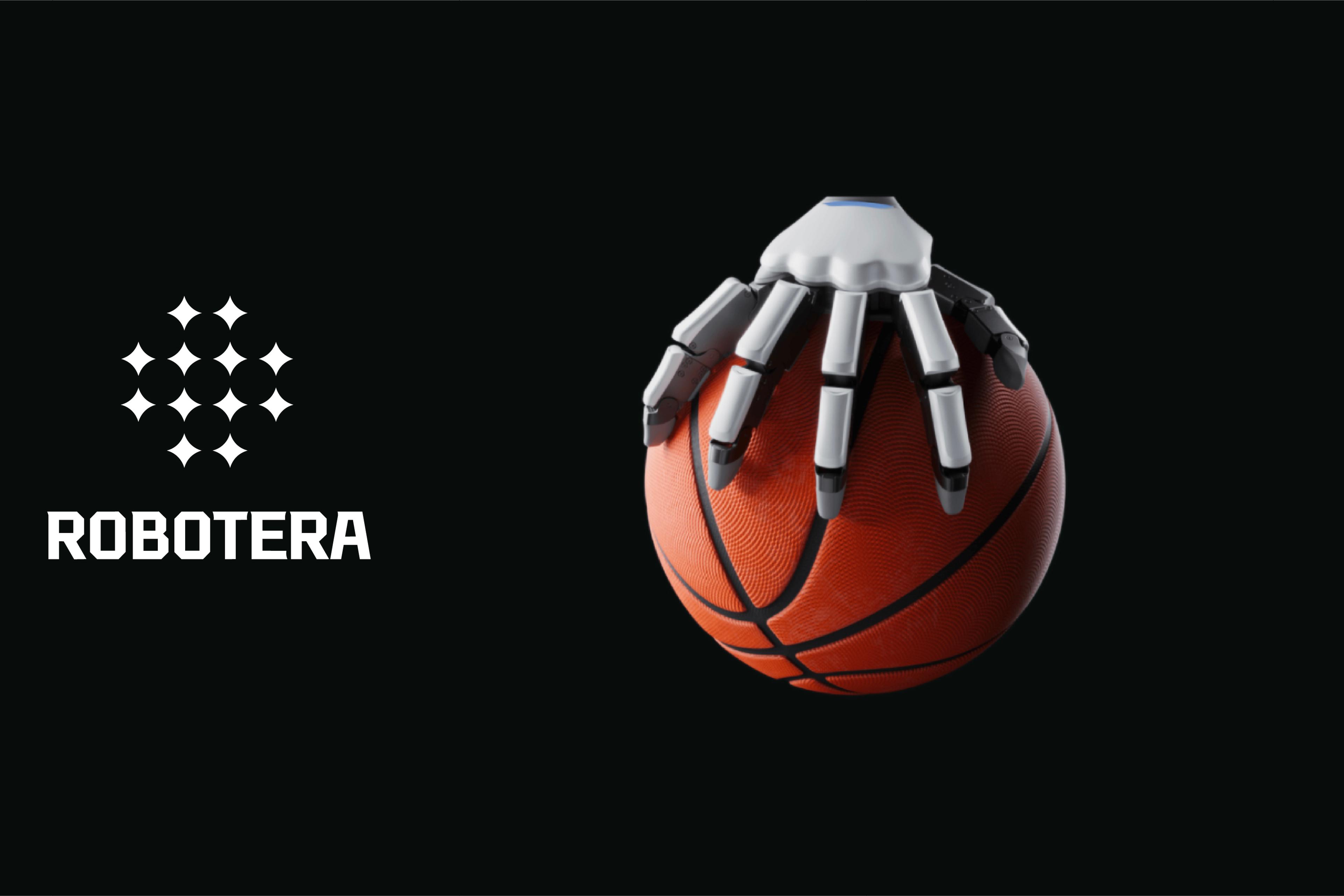 Robotera dexterous robotic hand gripping a basketball against a black background.