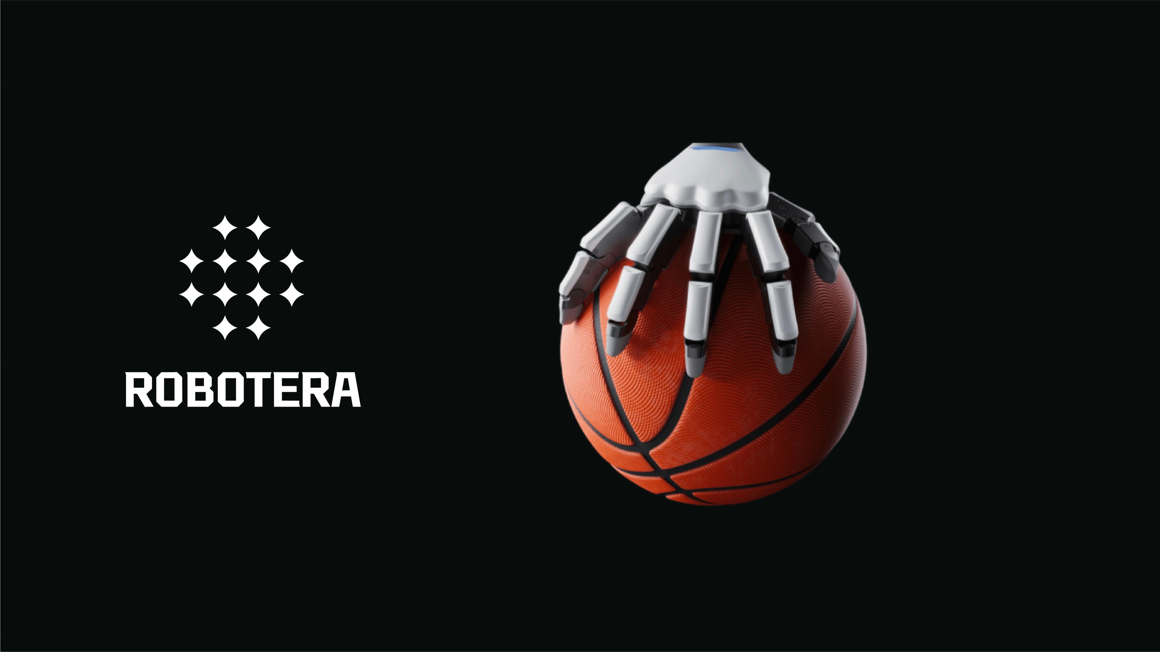 Robotera dexterous robotic hand gripping a basketball against a black background.