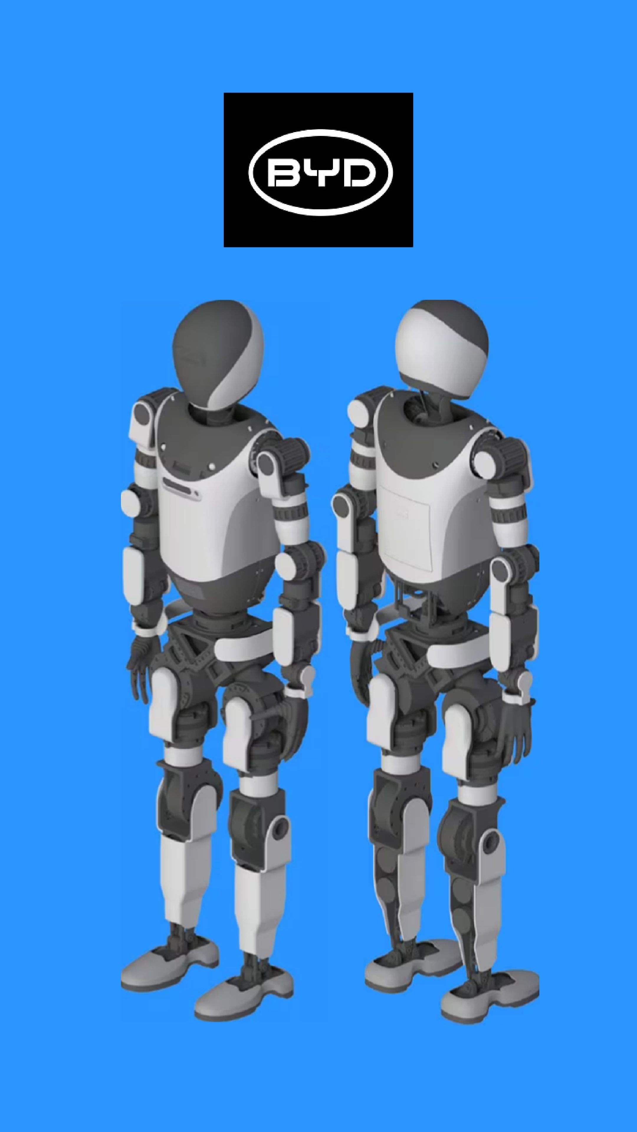 BYD humanoid robot patented design shown from multiple angles alongside the company logo.