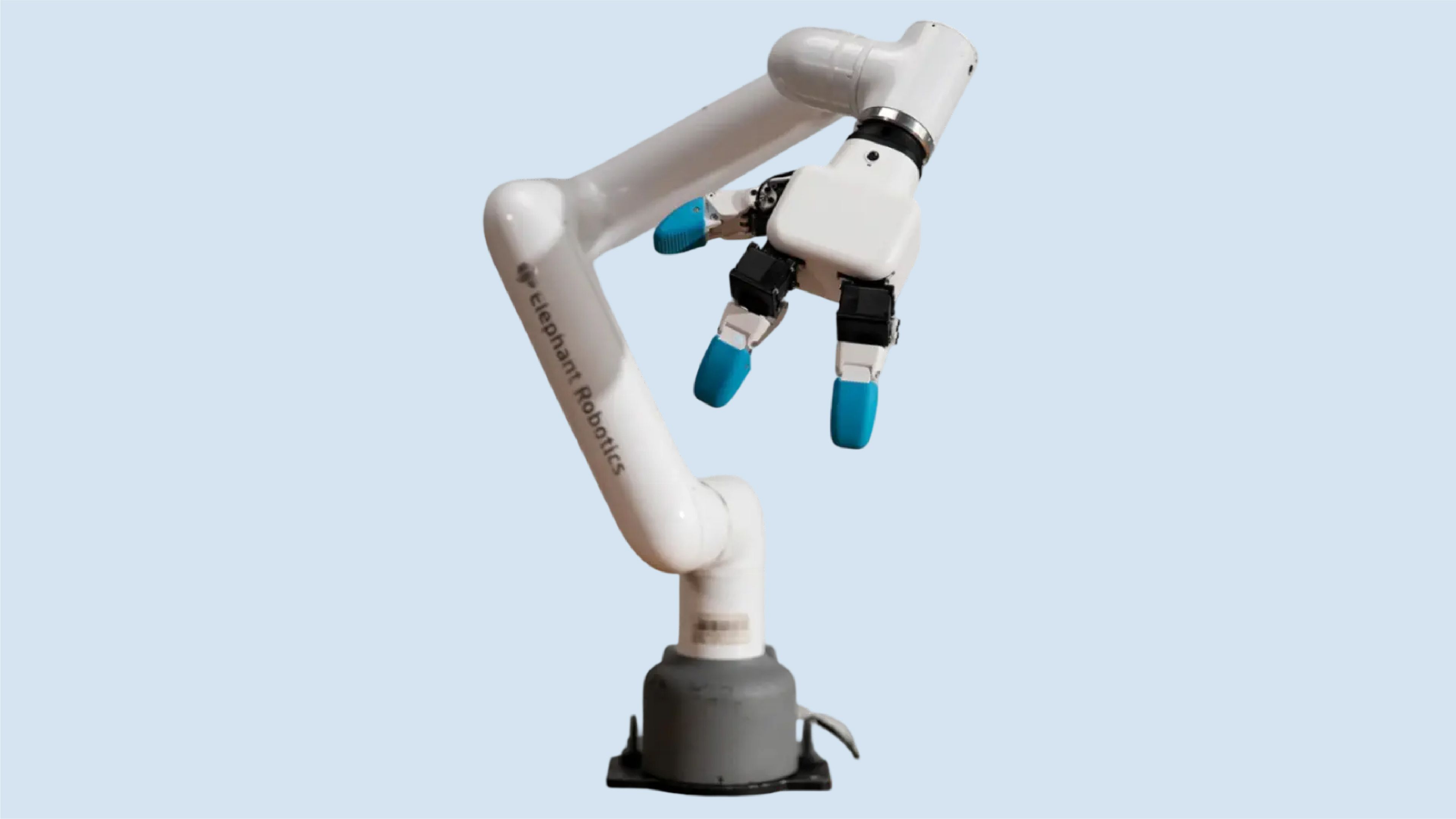 White Elephant Robotics robotic arm fitted with a five-finger dexterous hand with blue fingertips.