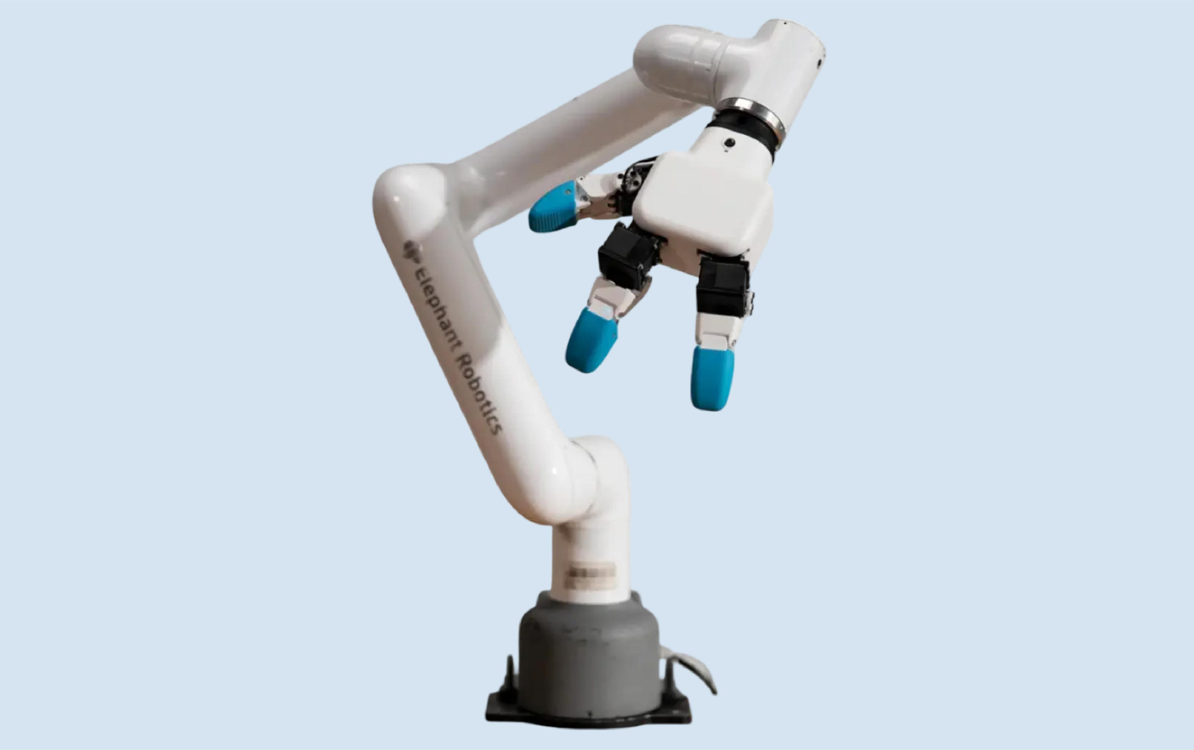 White Elephant Robotics robotic arm fitted with a five-finger dexterous hand with blue fingertips.