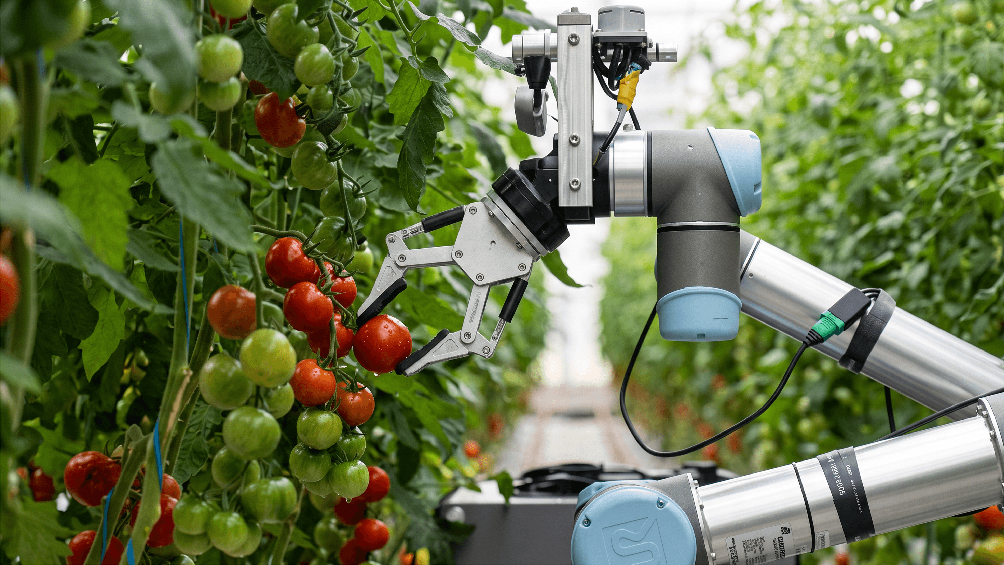 A robotic arm reaches toward clusters of red and green tomatoes growing inside a greenhouse.