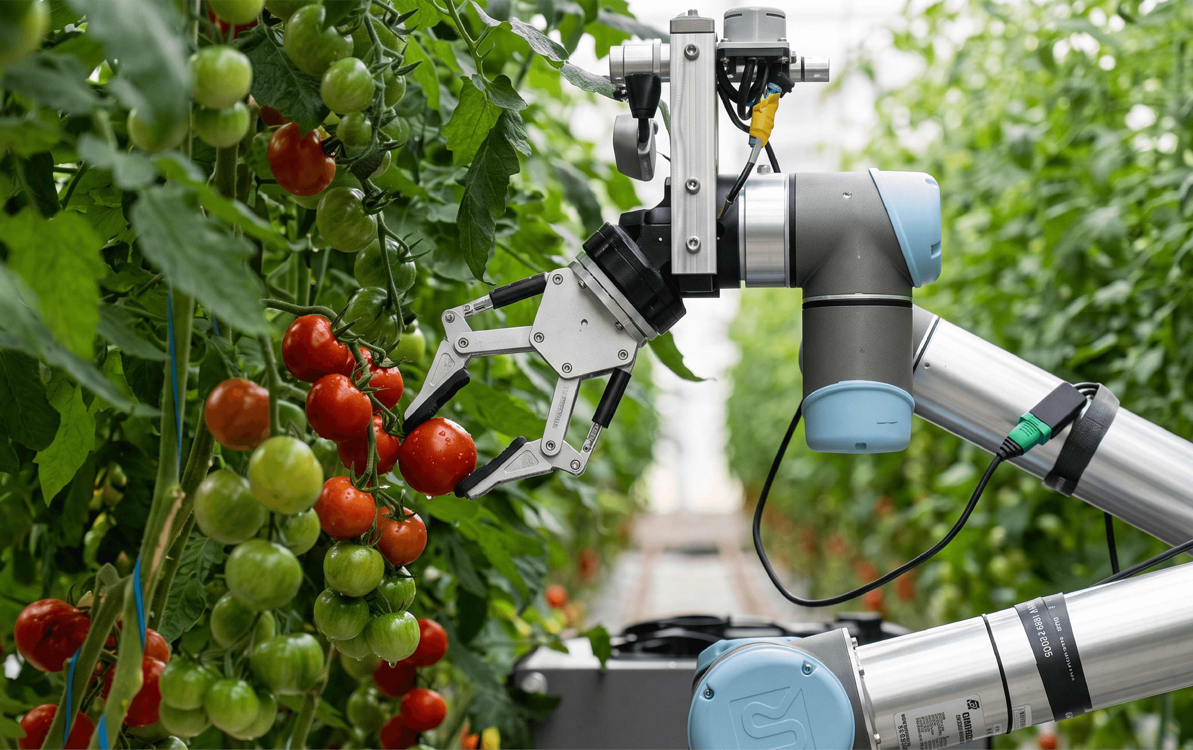 A robotic arm reaches toward clusters of red and green tomatoes growing inside a greenhouse.