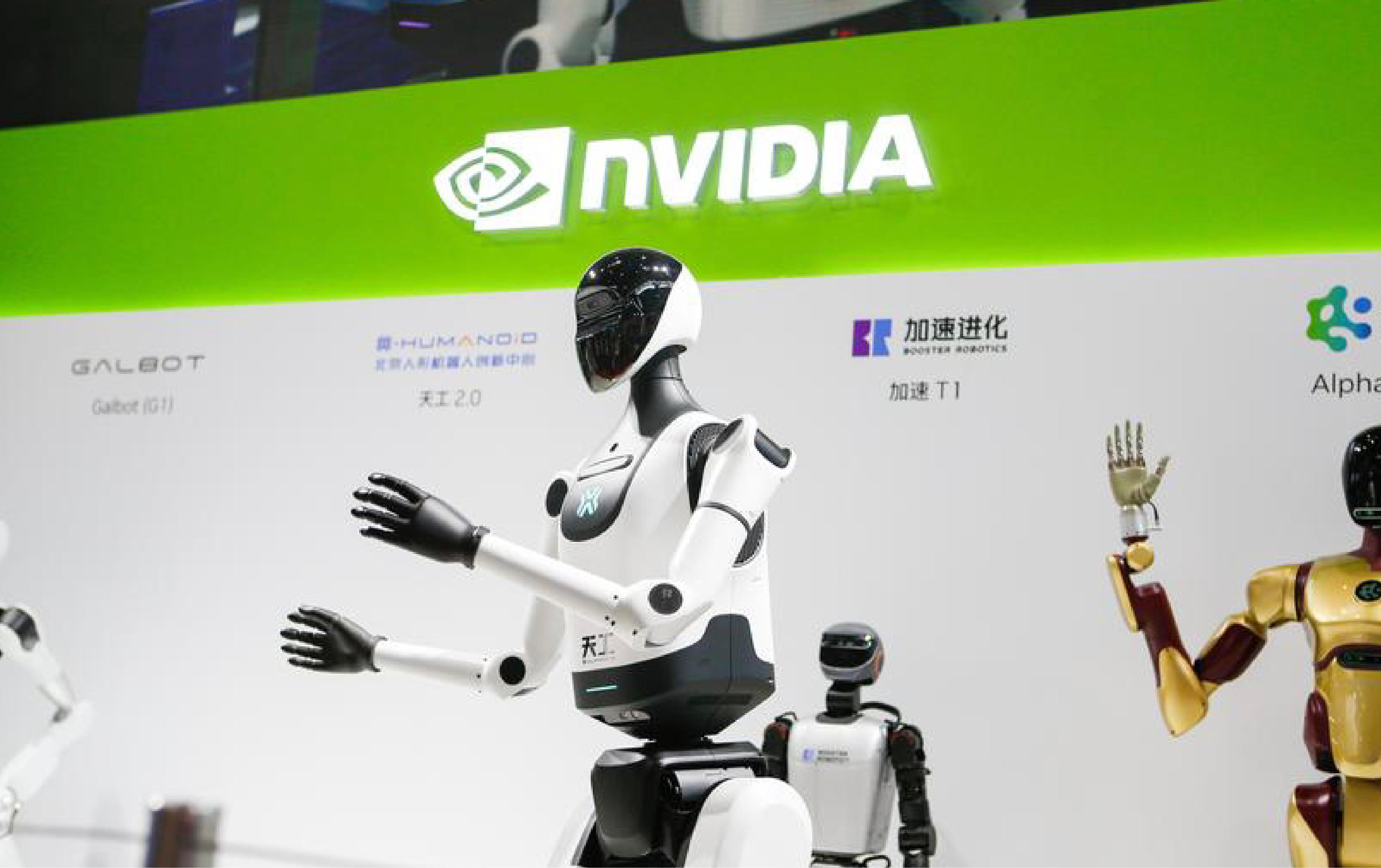 Booster Robotics’ T1 humanoid stands among other robots at an Nvidia-branded display.