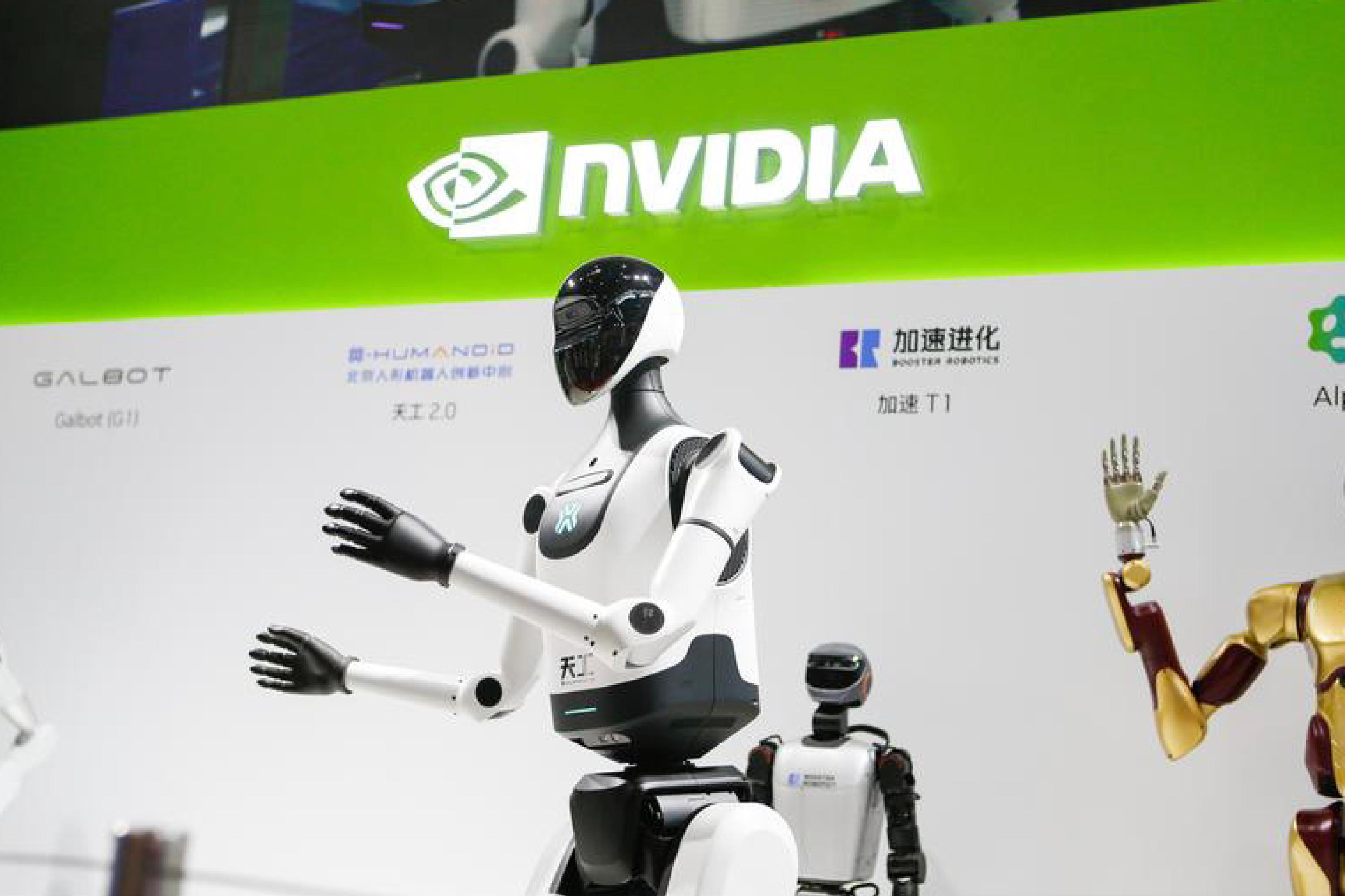 Booster Robotics’ T1 humanoid stands among other robots at an Nvidia-branded display.