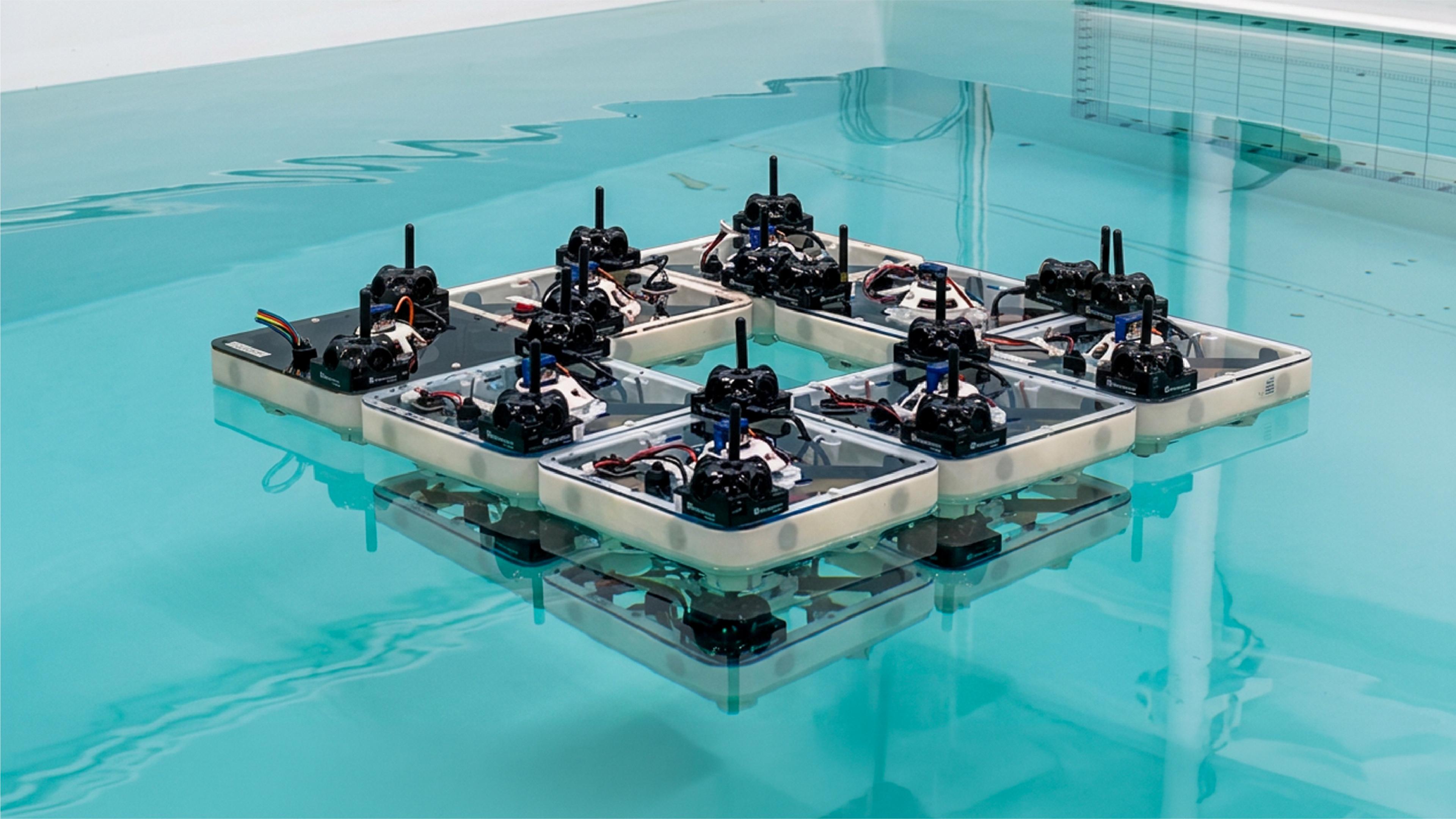 Nine square robotic boats, each with an onboard sensor mast and exposed wiring, latched together edge-to-edge in a 3x3 grid (missing one corner unit) and floating on the still, teal-tinted water of a test tank, with both the robots and the tank's grid-marked wall reflected in the surface.