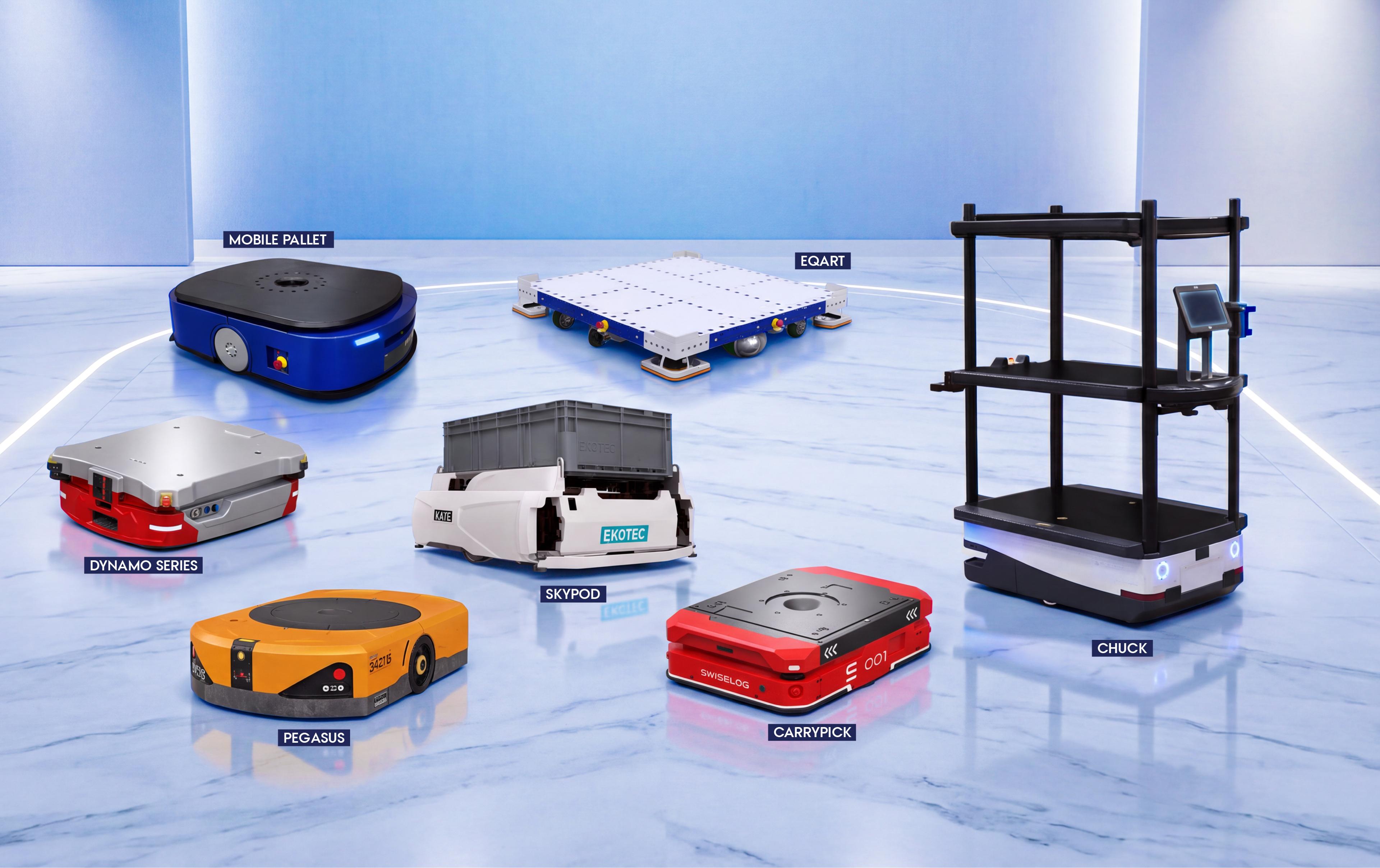 Seven warehouse mobile robots displayed on a studio floor, labelled Mobile Pallet, EQart, Dynamo Series, Skypod, Pegasus, CarryPick and Chuck