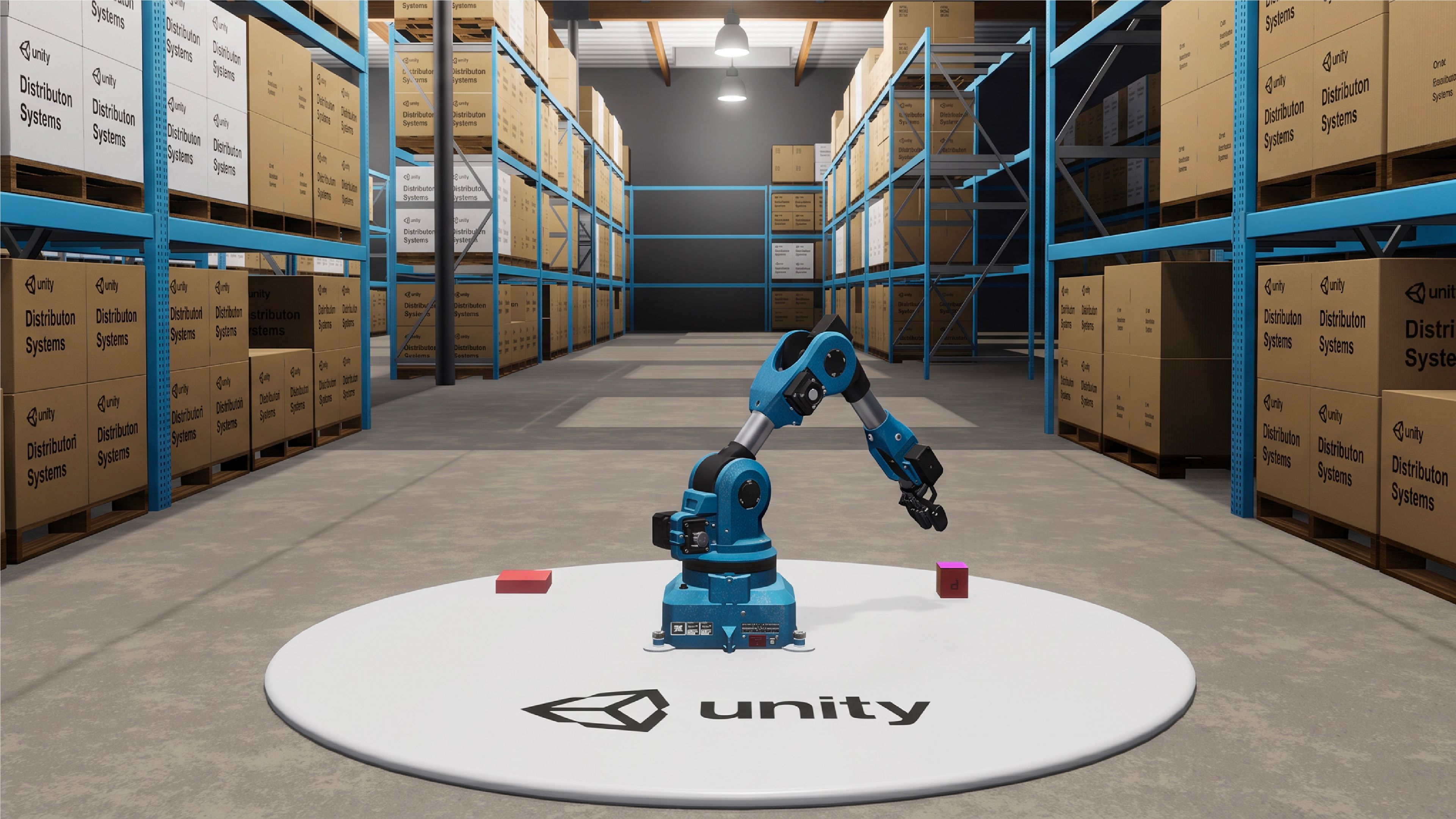 Unity robotics simulation showing an industrial robotic arm in a virtual warehouse surrounded by storage racks and boxes.