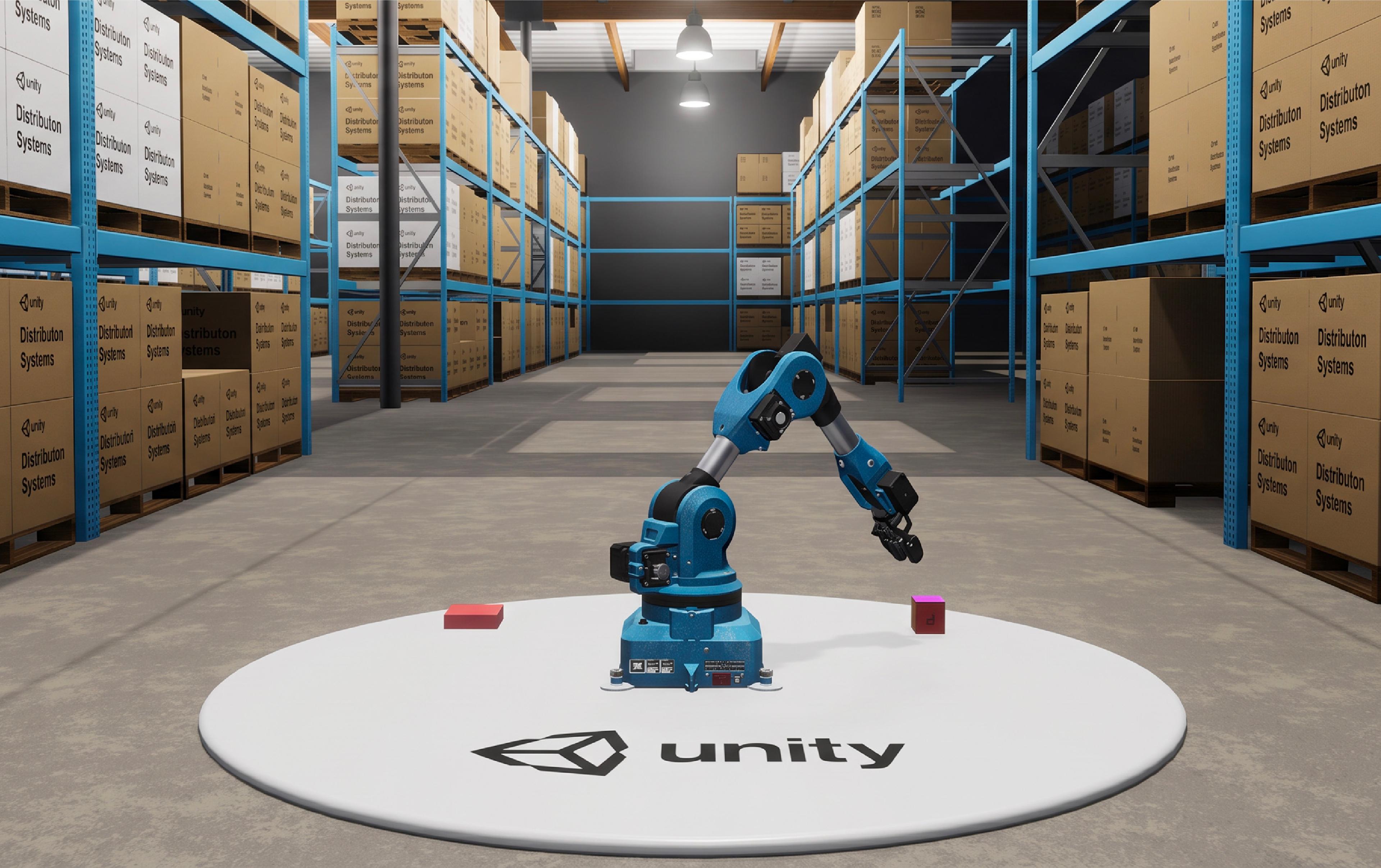 Unity robotics simulation showing an industrial robotic arm in a virtual warehouse surrounded by storage racks and boxes.