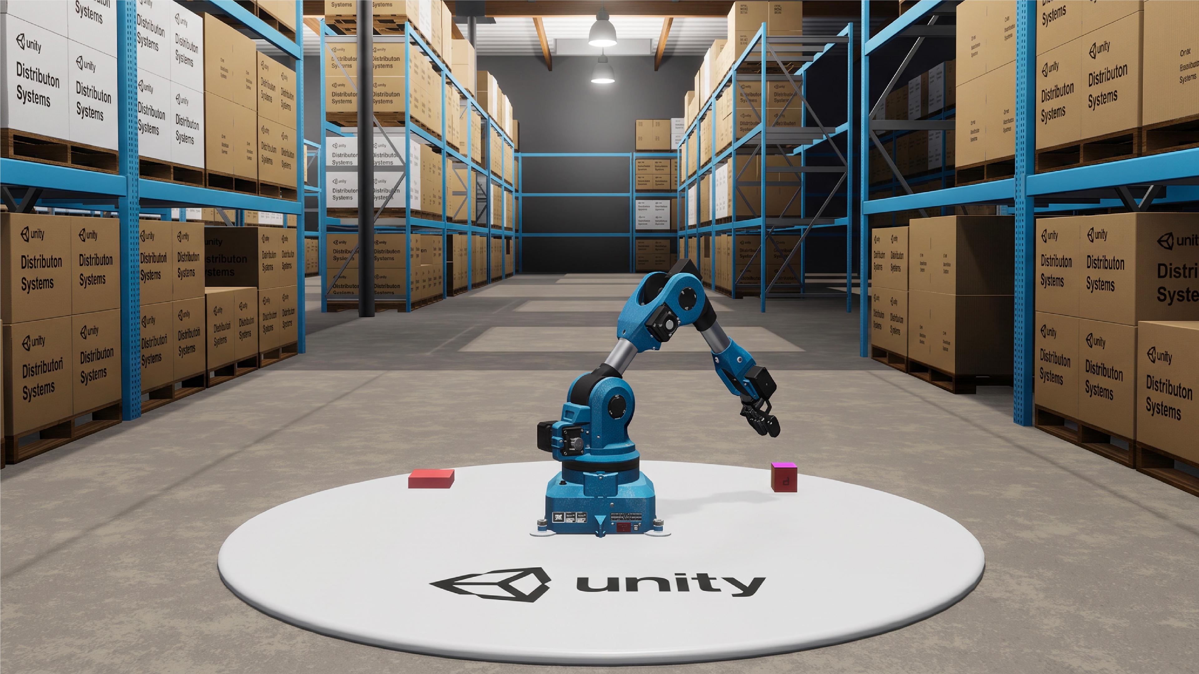 Unity robotics simulation showing an industrial robotic arm in a virtual warehouse surrounded by storage racks and boxes.