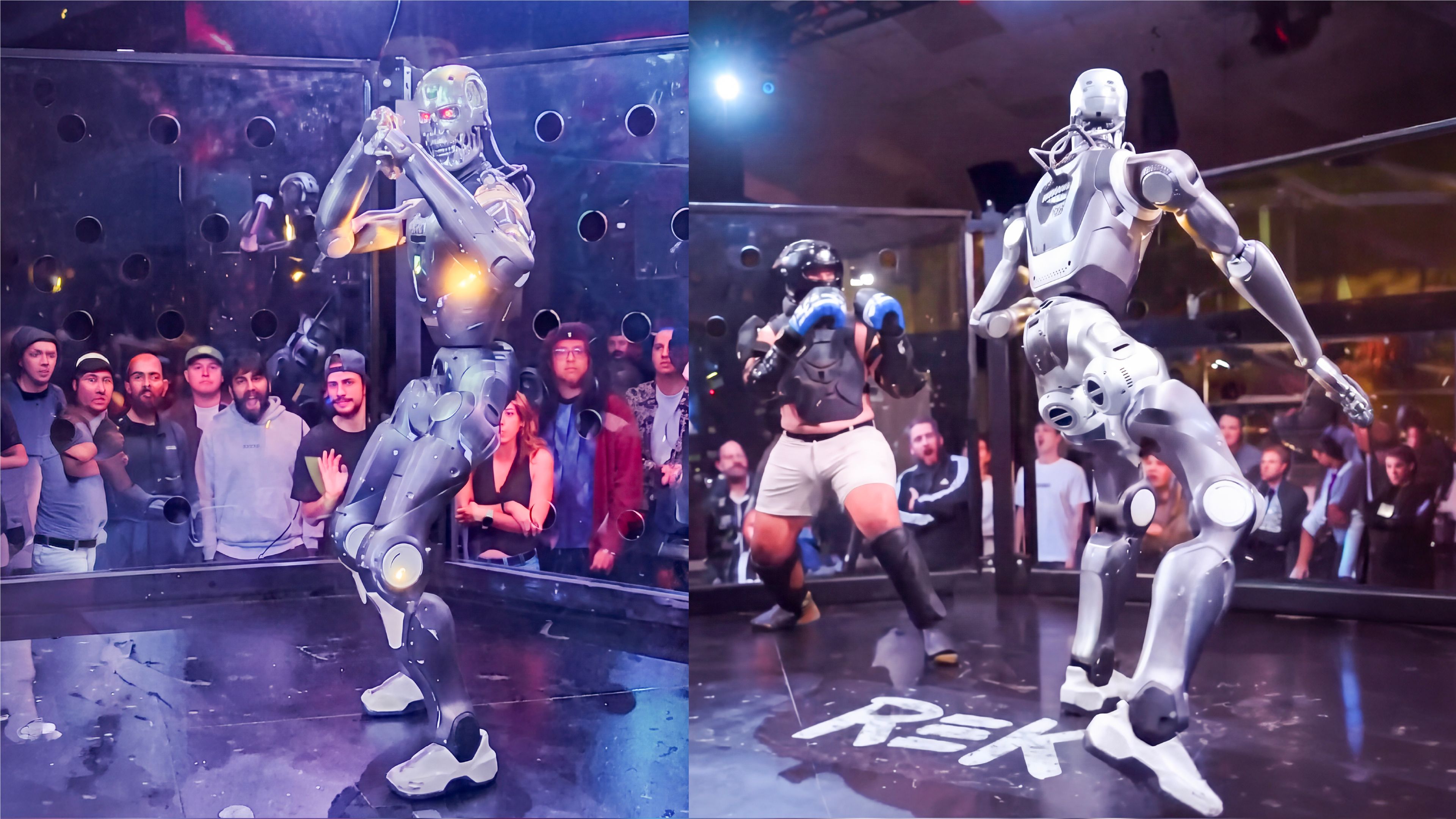 A humanoid combat robot faces a human fighter in protective gear inside a glass-walled arena, surrounded by spectators.