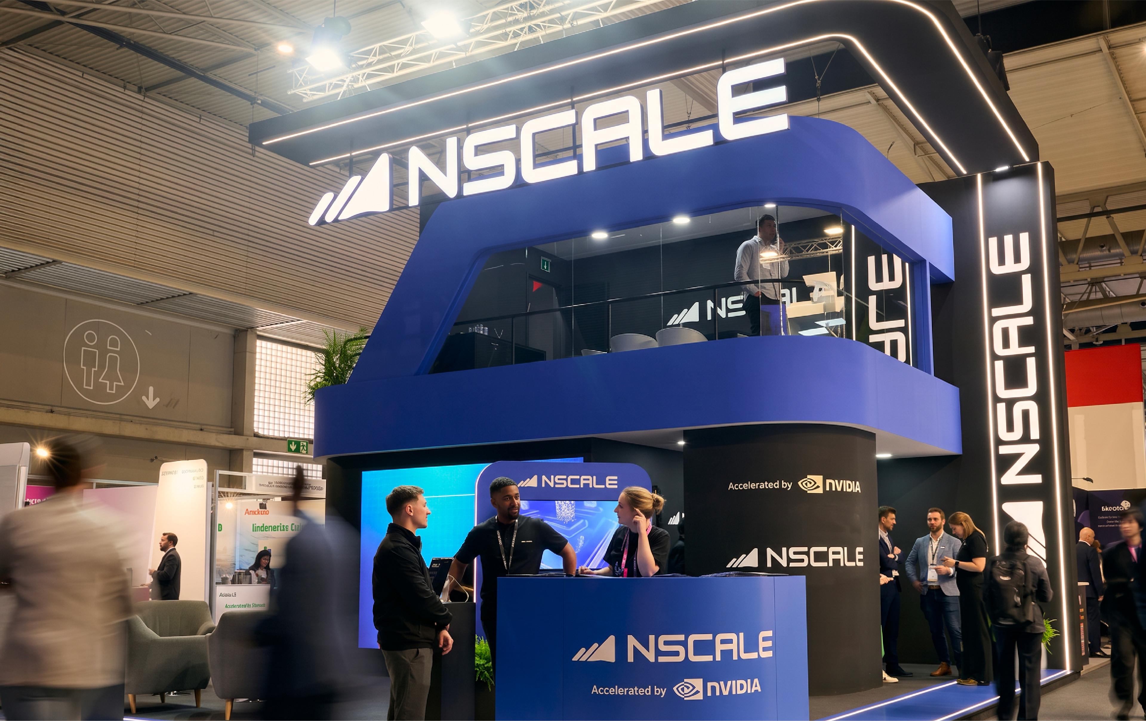 Nscale exhibition booth at a technology event, featuring prominent Nscale branding and Nvidia signage as attendees gather and talk around the stand.