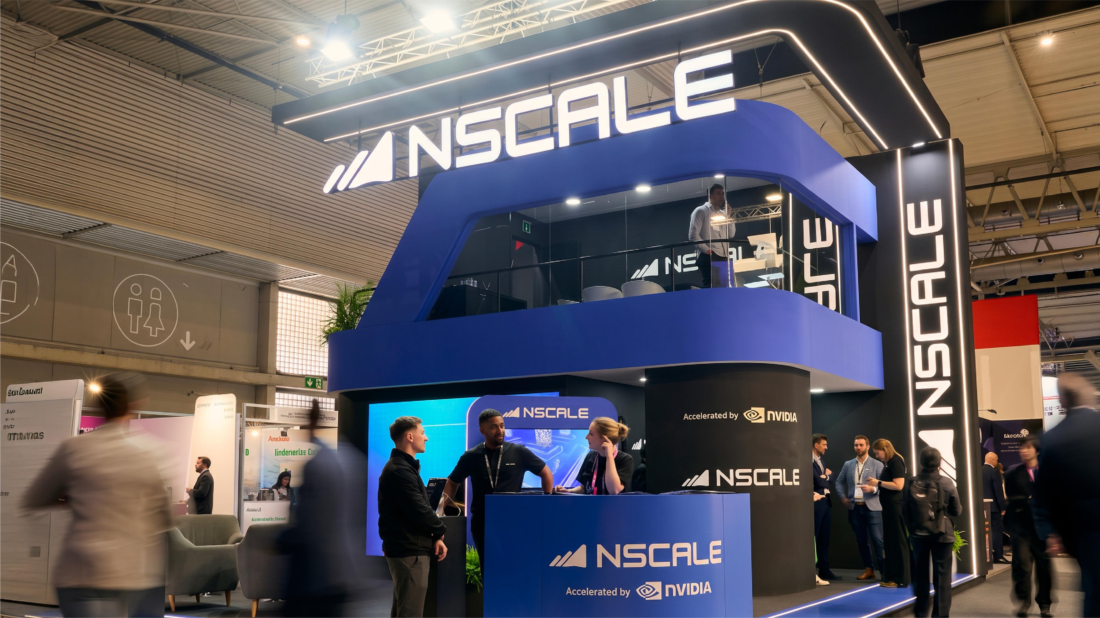 Nscale exhibition booth at a technology event, featuring prominent Nscale branding and Nvidia signage as attendees gather and talk around the stand.