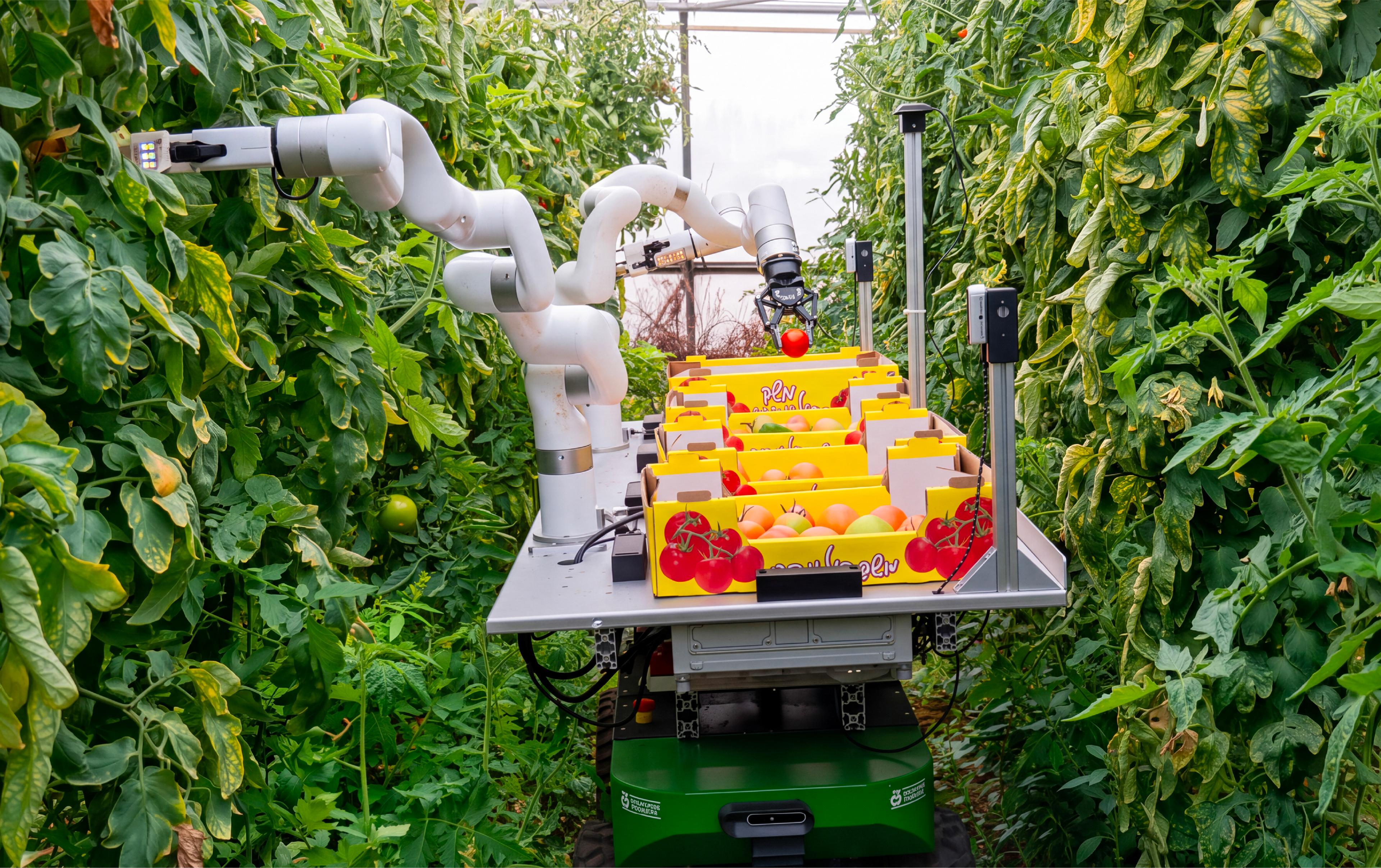 A robot tending to tomato plants in a greenhouse, showcasing automation in agriculture.