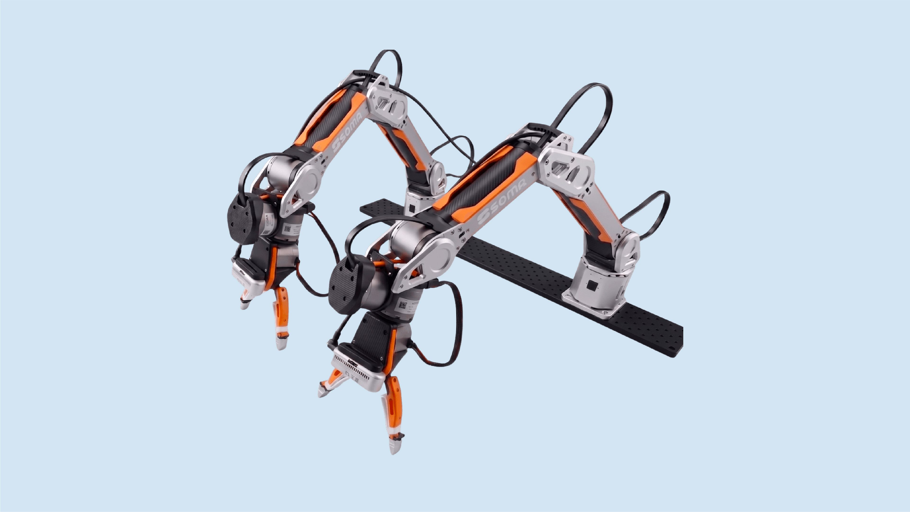 SOMA Robotics’ soma one desktop research robot with two articulated arms and grippers mounted on a fixed tabletop frame.